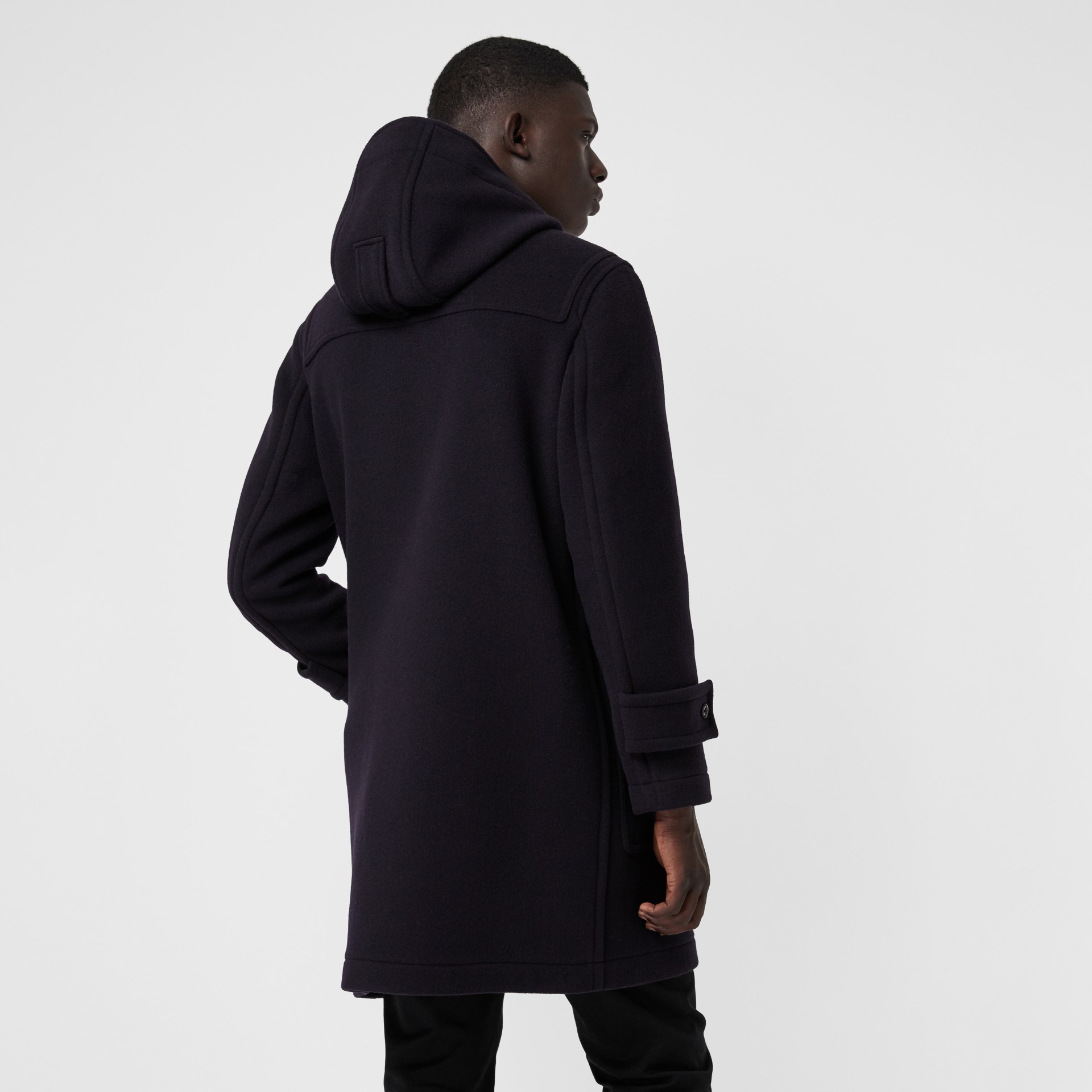 vintage check detail wool blend hooded duffle coat in navy