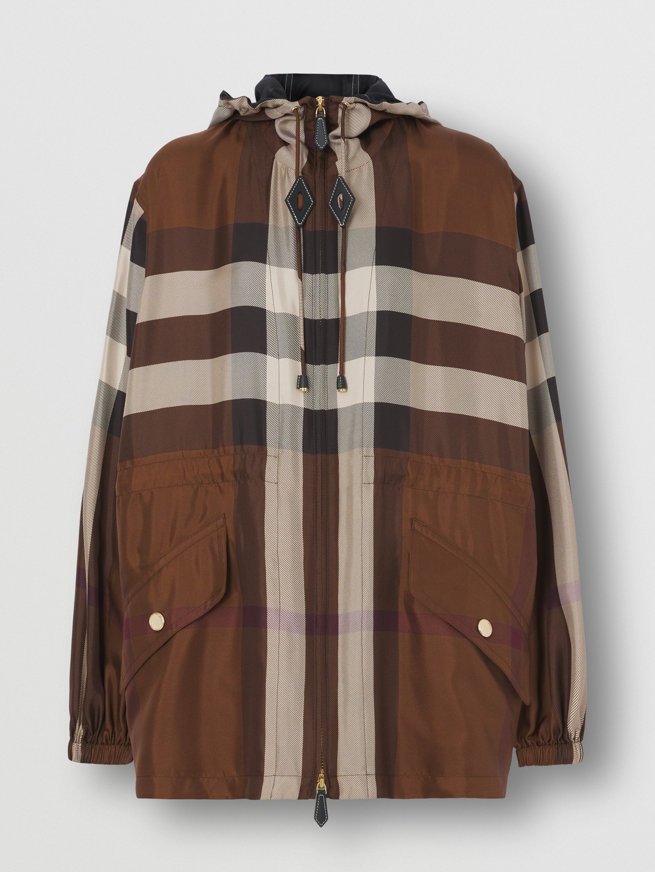 Check Silk Lightweight Hooded Jacket in Dark Birch Brown