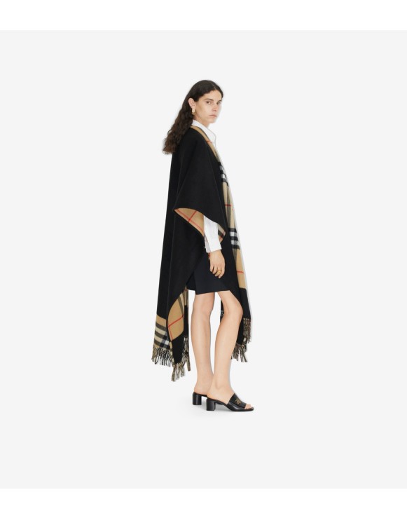 リバーシブル チェック ウールカシミアケープ