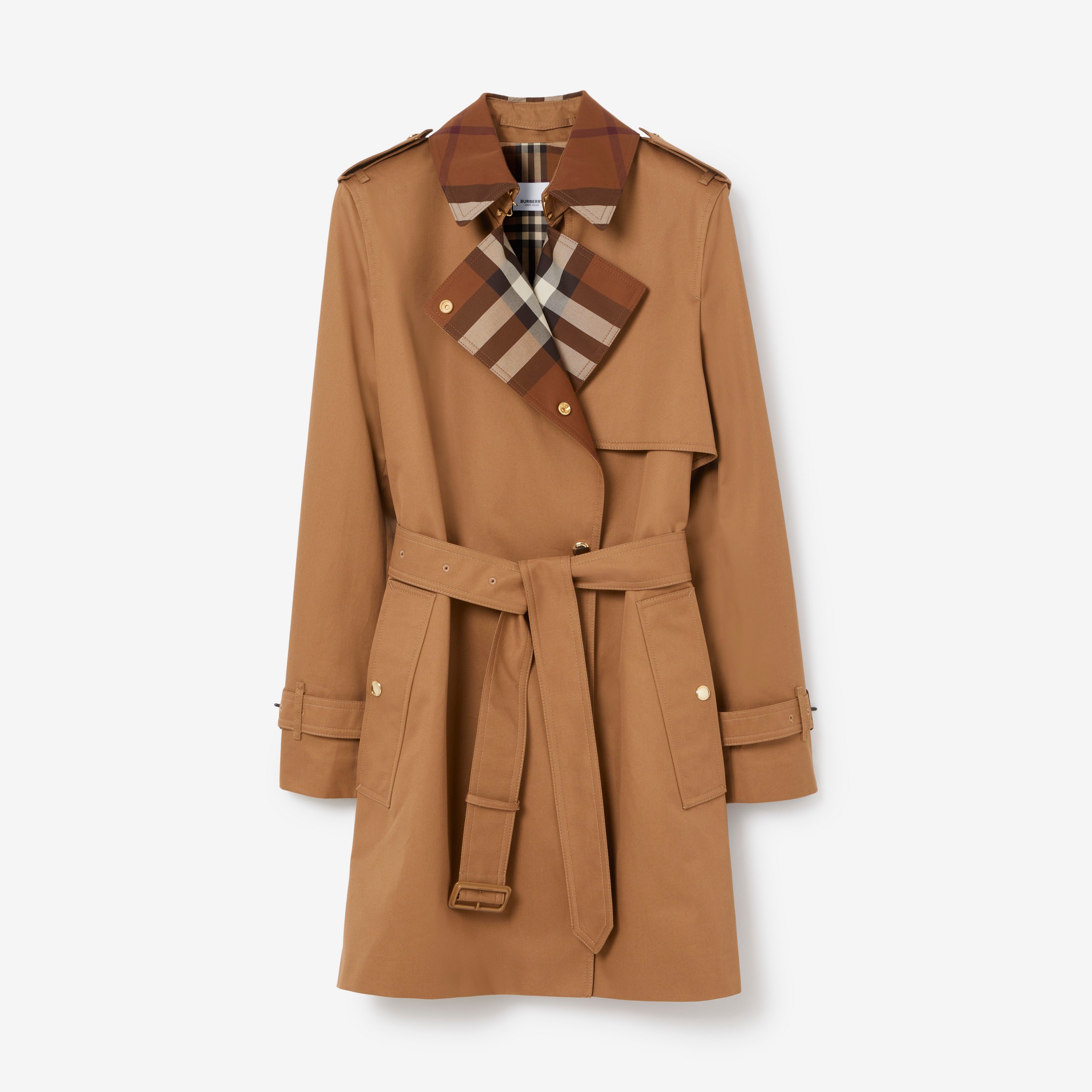 Trench coat de gabardine de algodão com recorte xadrez (Caramelo Terroso) - Mulheres | Burberry® oficial - 1