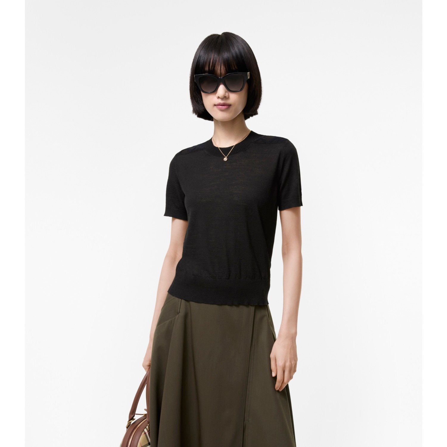 Check Panel Wool Silk Top in Black - Women | Burberry® Official