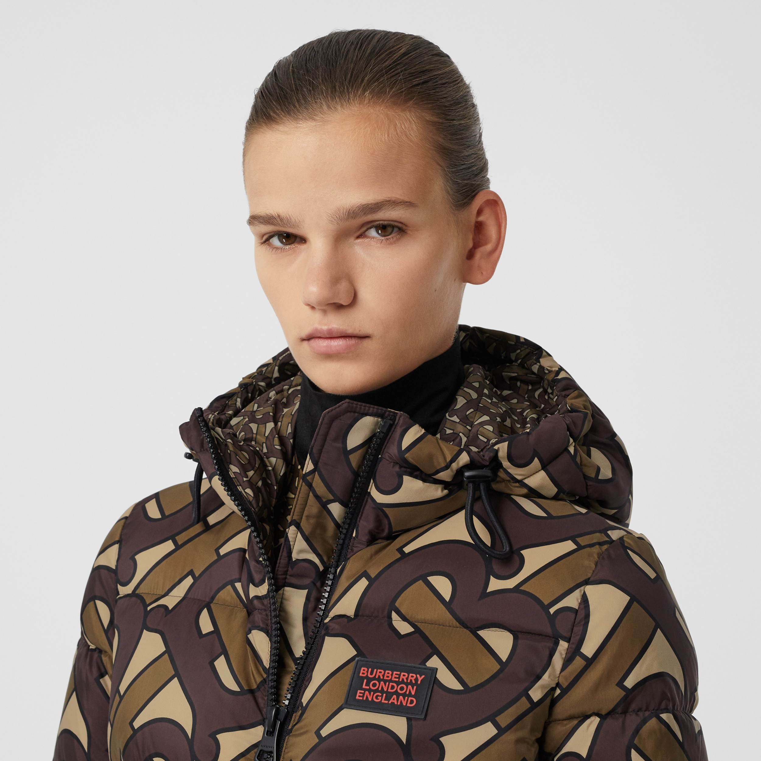 Monogram Print Hooded Puffer Jacket in Bridle Brown Women Burberry