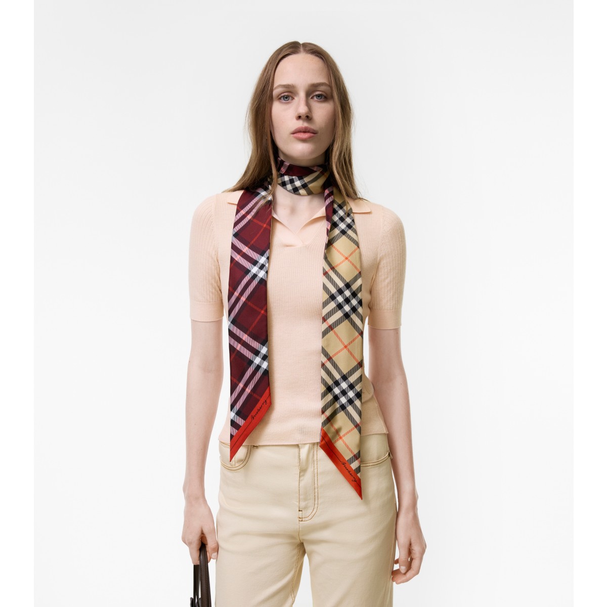  Check Skinny Contrast Silk Scarf