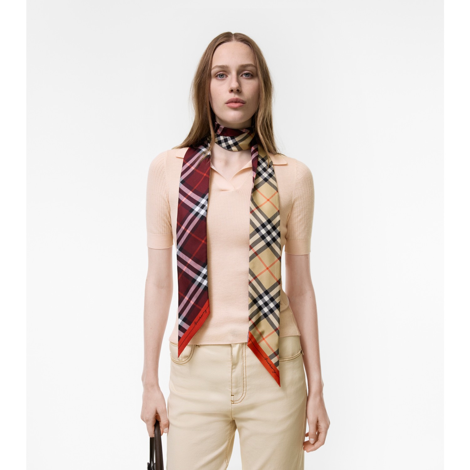Skinny Contrast Check Silk Scarf in Sand beige/oxblood red | Burberry® Official