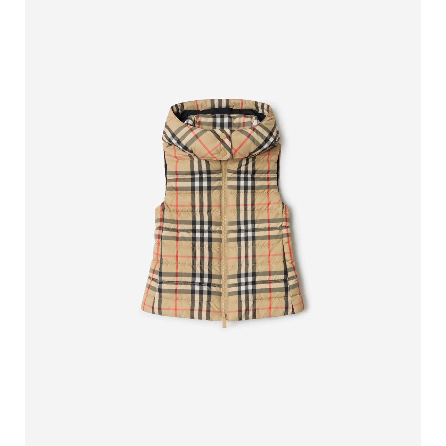 Check Hooded Puffer Gilet in Sand beige | Burberry® Official