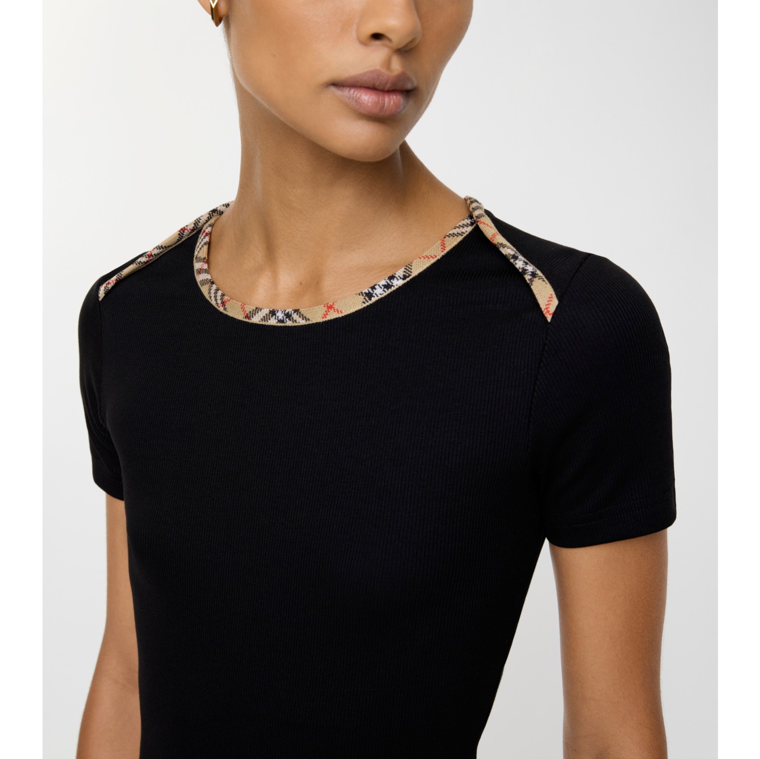 Check Trim Stretch Cotton T-shirt in Black - Women | Burberry® Official