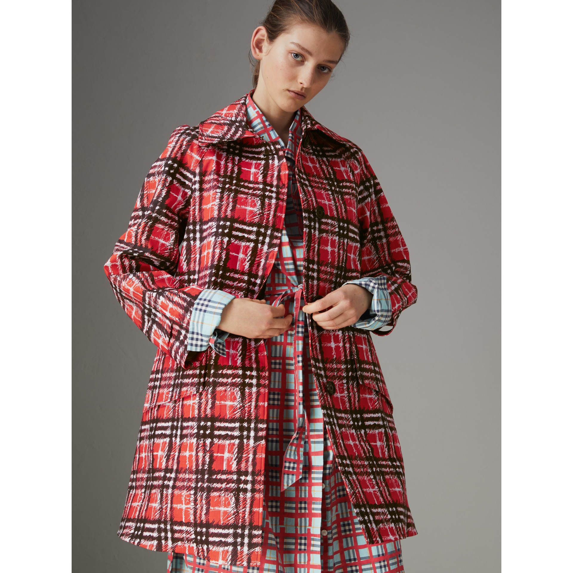 Scribble Check Bonded Cotton Car Coat in Bright Military Red - Women ...
