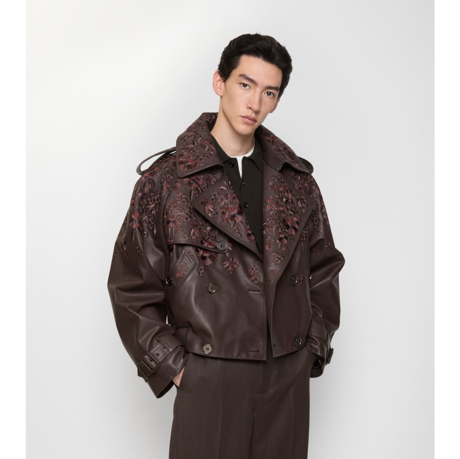 Cropped Floral Leather Trench Jacket in Berry purple - Men