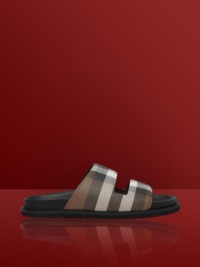 Dark Birch Brown Cut-out Detail Check Cotton Canvas Slides