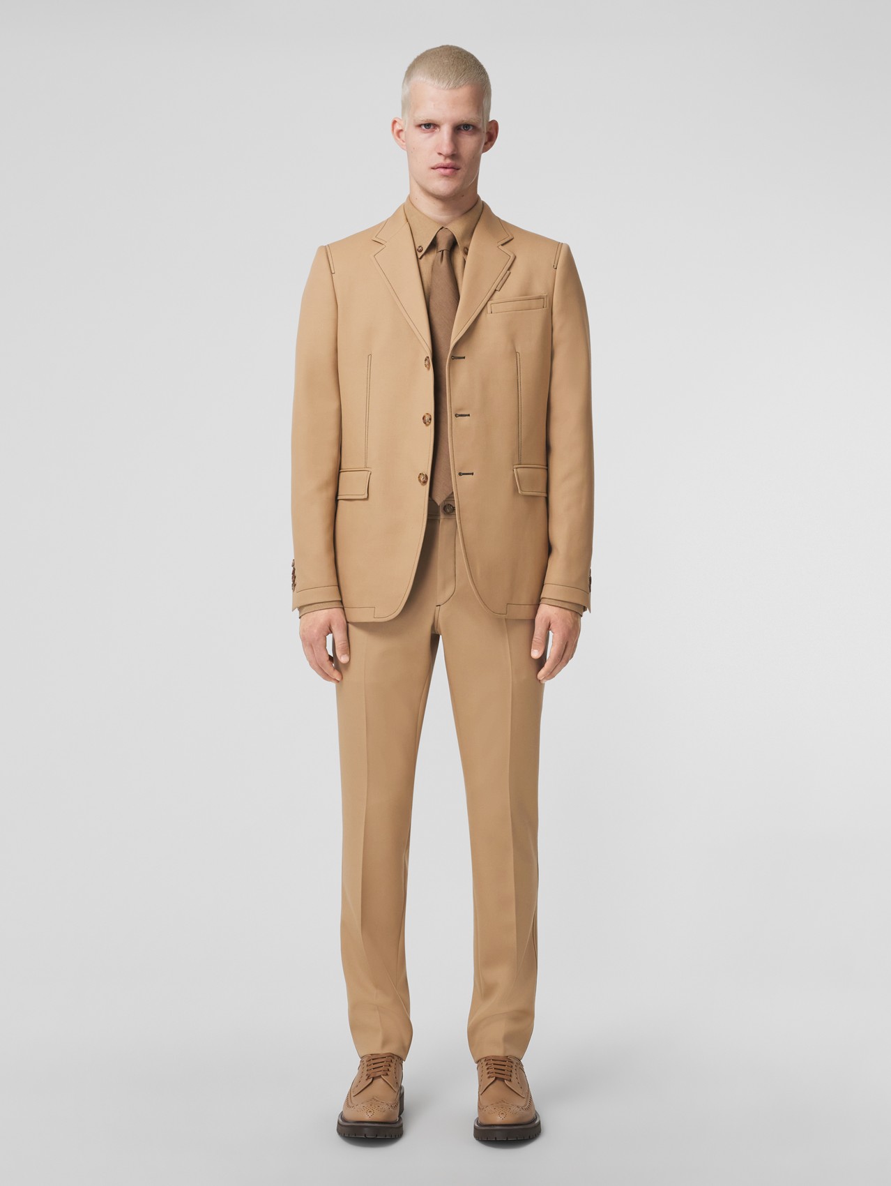 Topstitched Wool Tailored Jacket in Camel