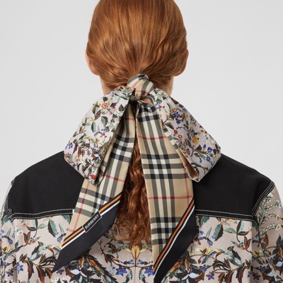 vintage check and logo print silk skinny scarf