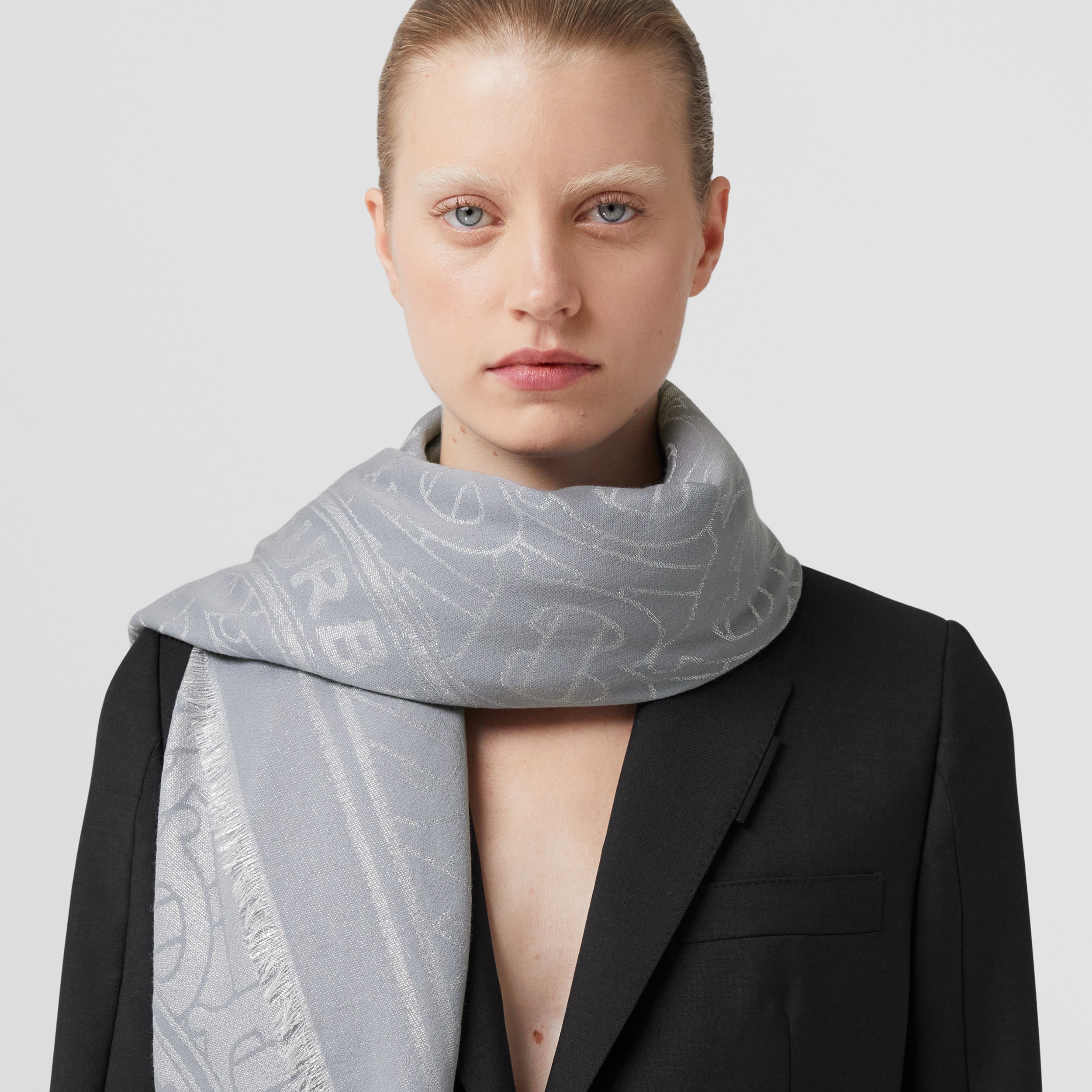 Metallic Montage Print Wool Silk Blend Scarf in Light Silver | Burberry® Official - 3