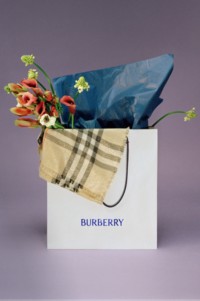 Burberry Shopping Bag with bunch of flowers and Check Scarf falling out the bag 