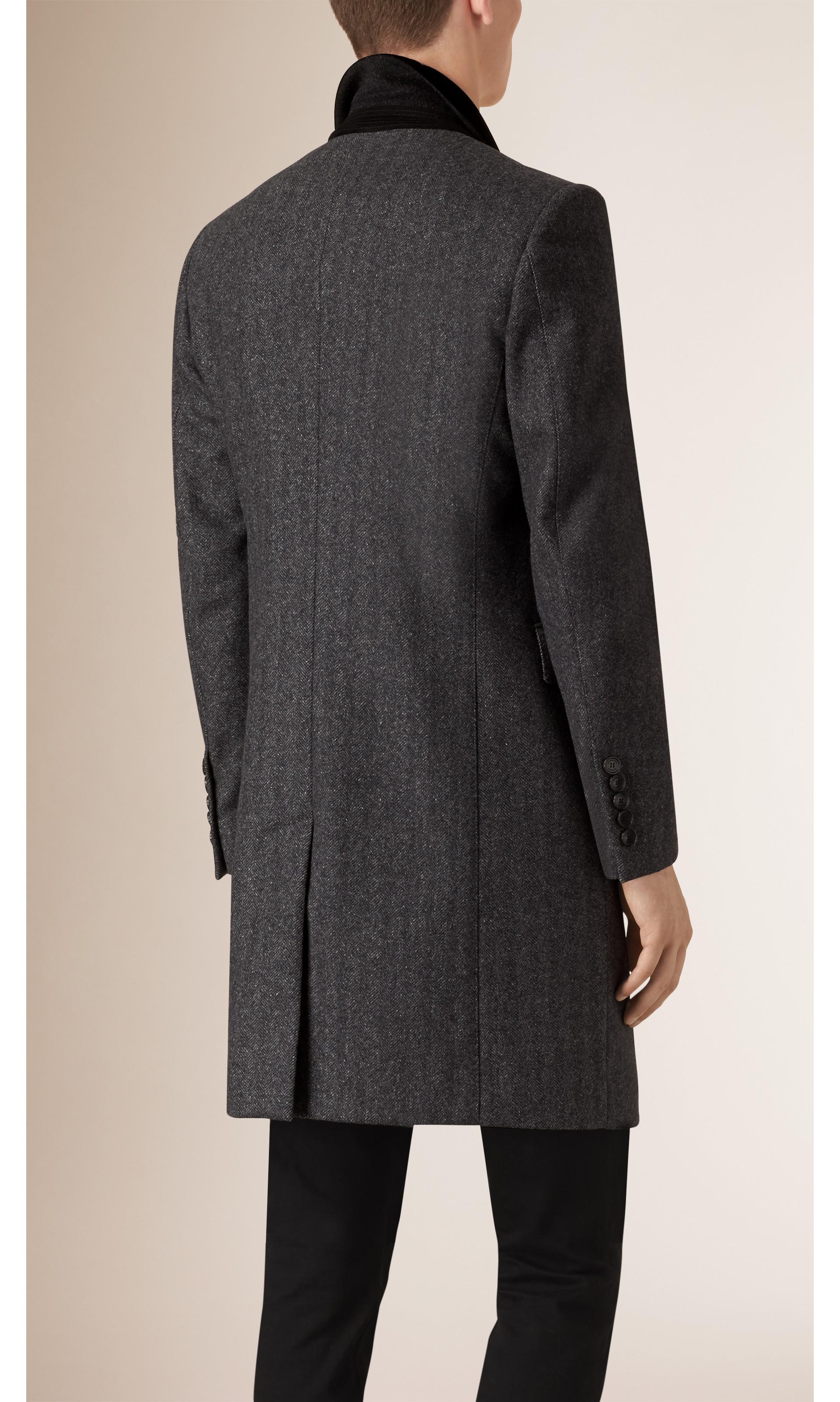Virgin Wool Cashmere Topcoat with Velvet Topcollar in Charcoal - Men ...