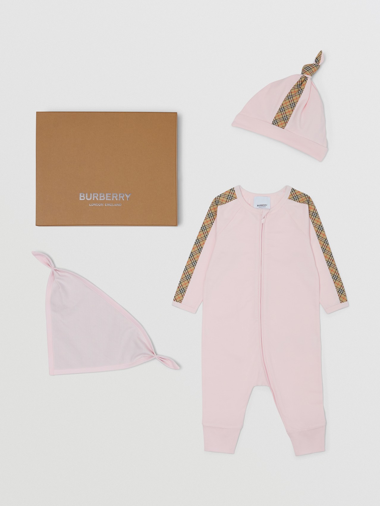 Check Trim Cotton Three-piece Baby Gift Set in Alabaster Pink