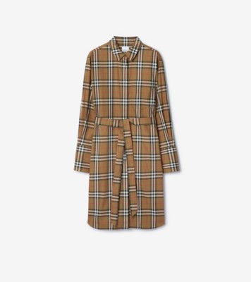 Check Stretch Cotton Shirt Dress in Taupe brown - Women