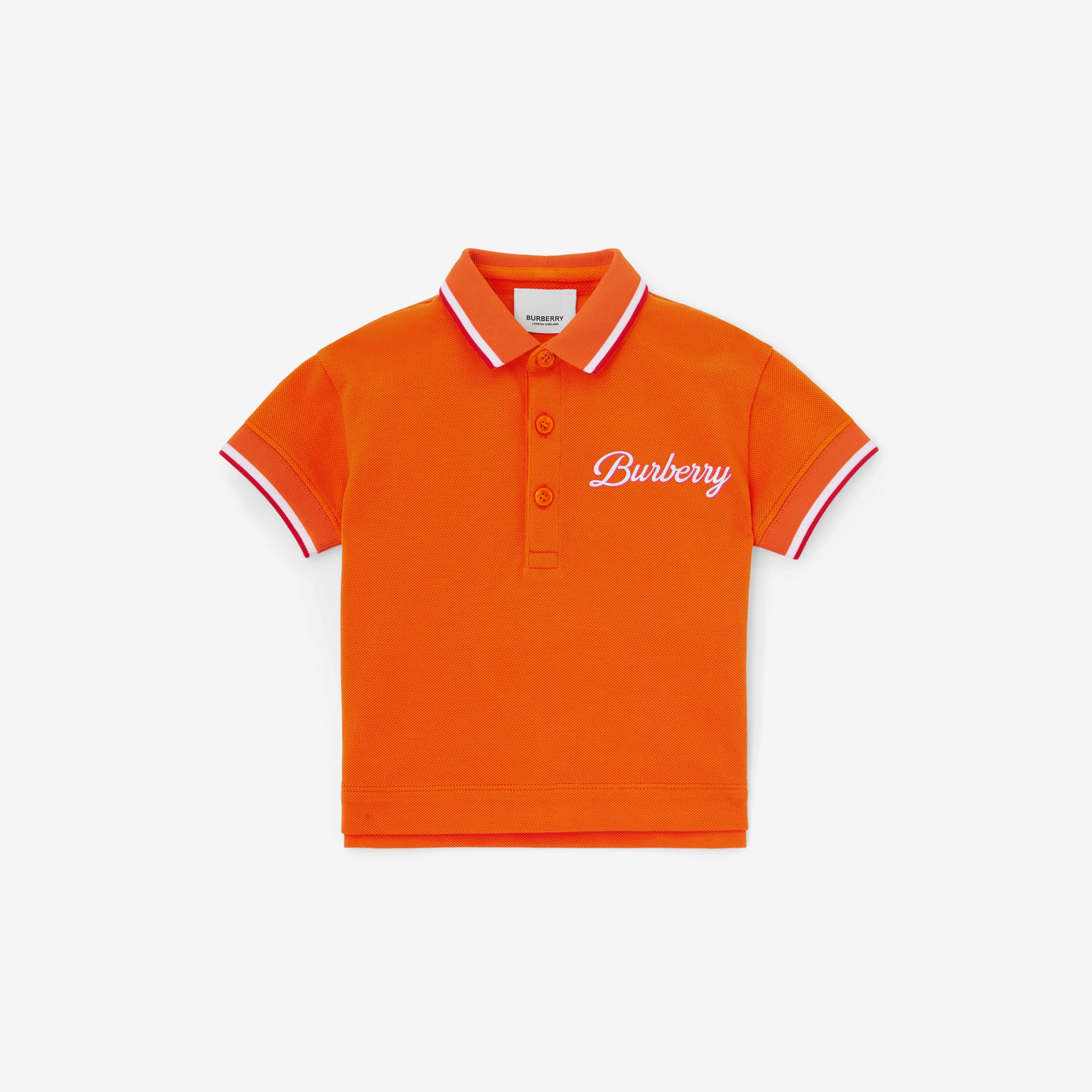 Polo in cotone piqué con stampa logo in corsivo (Arancione Corallo Chiaro) - Bambini | Sito ufficiale Burberry® - 1