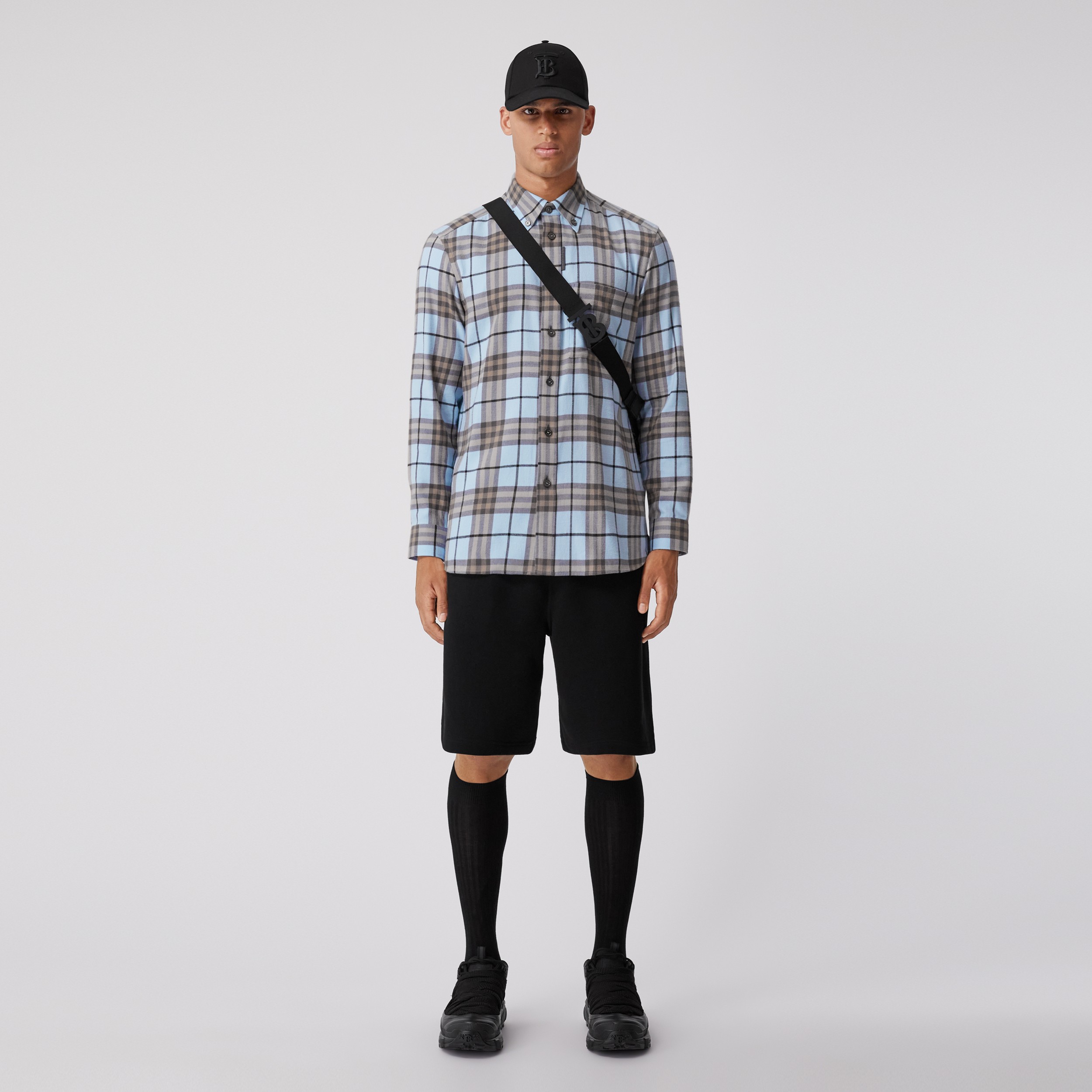 Button-down Collar Check Cotton Flannel Shirt in Pale Blue - Men | Burberry® Official - 1