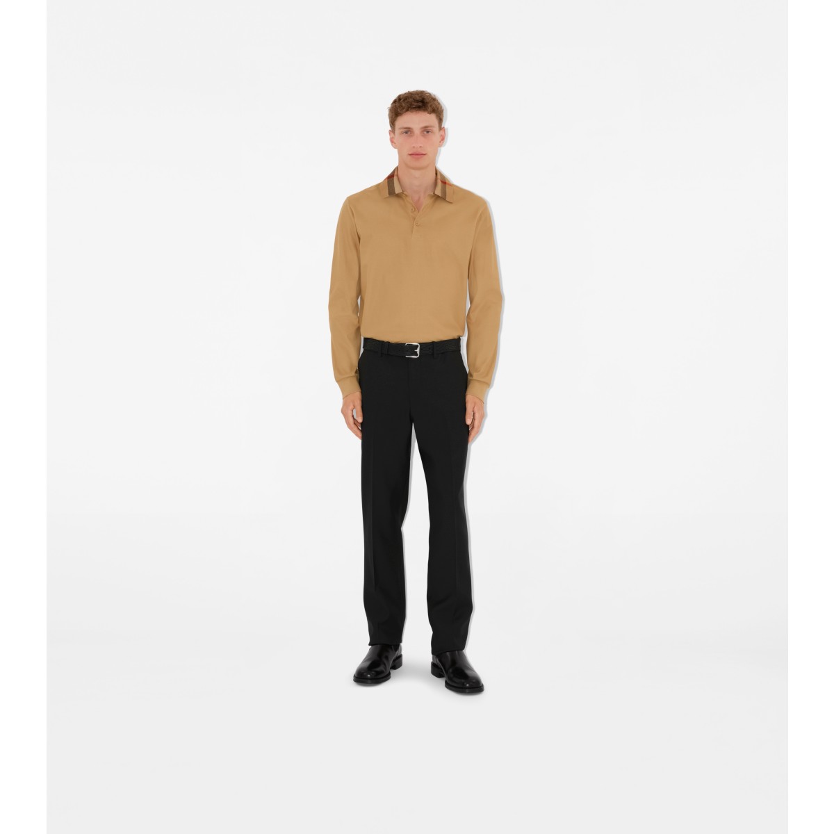  Check Long-sleeve Collar Cotton Polo Shirt