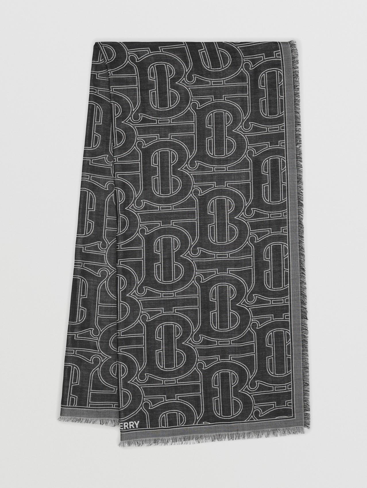 Echarpe leve de seda e lã com monograma em jacquard in Preto