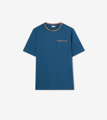 Check Trim Cotton T-shirt in Officers blue - Men | Burberry® Official