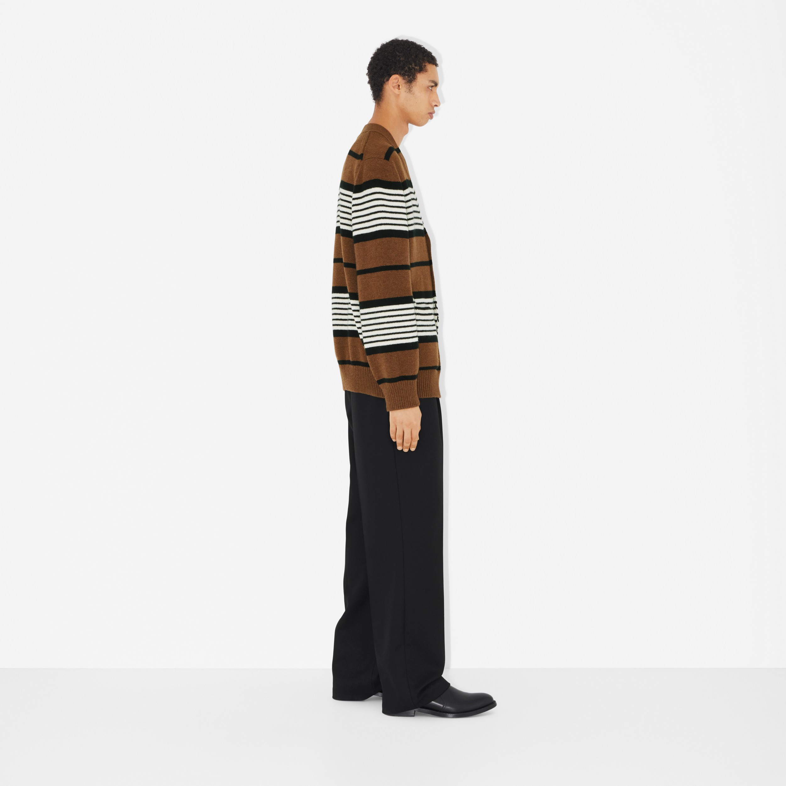 Striped Wool Cashmere Oversized Cardigan in Dark Birch Brown - Men | Burberry® Official - 3