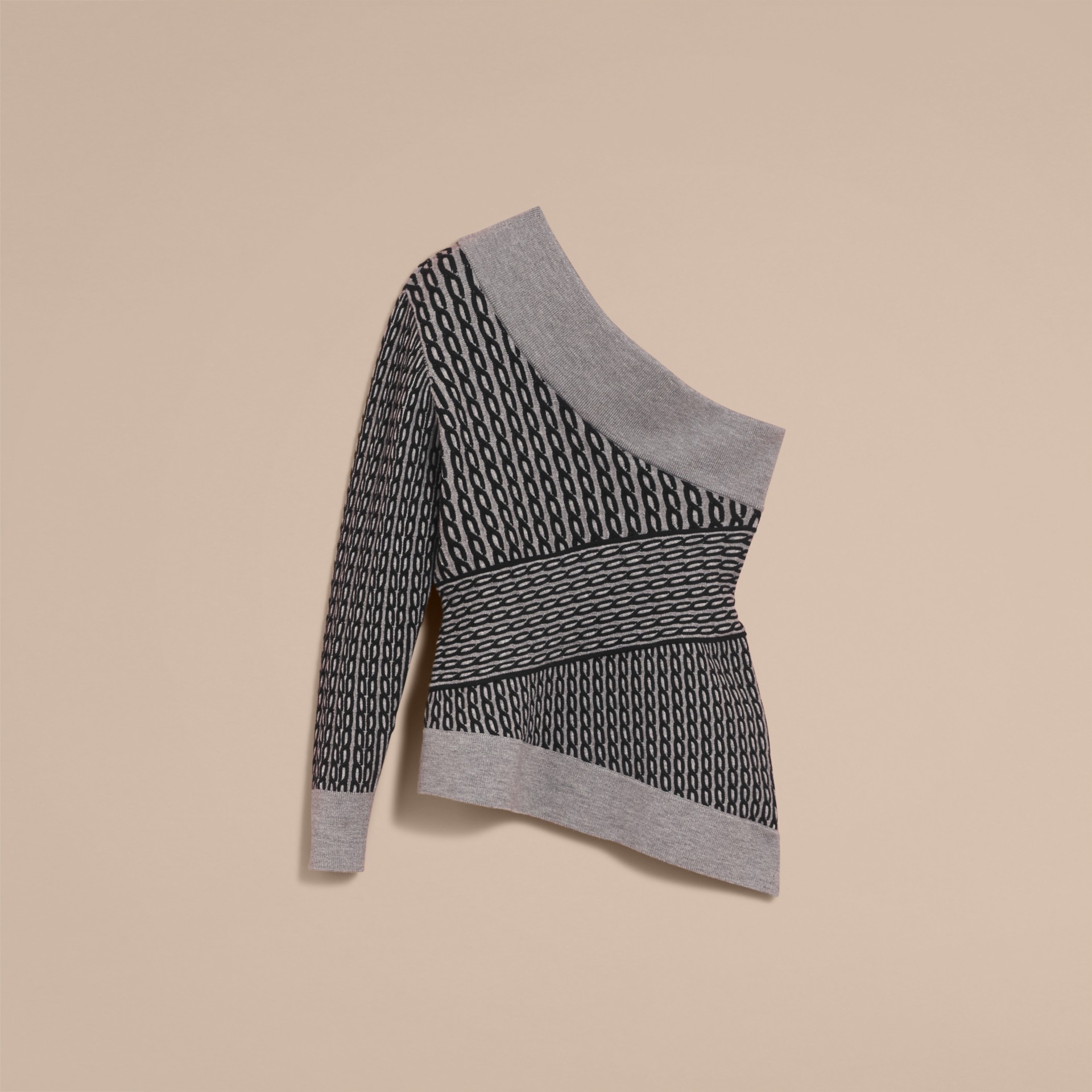 Cable Knit Wool Blend Oneshoulder Sweater in Grey Melange/black