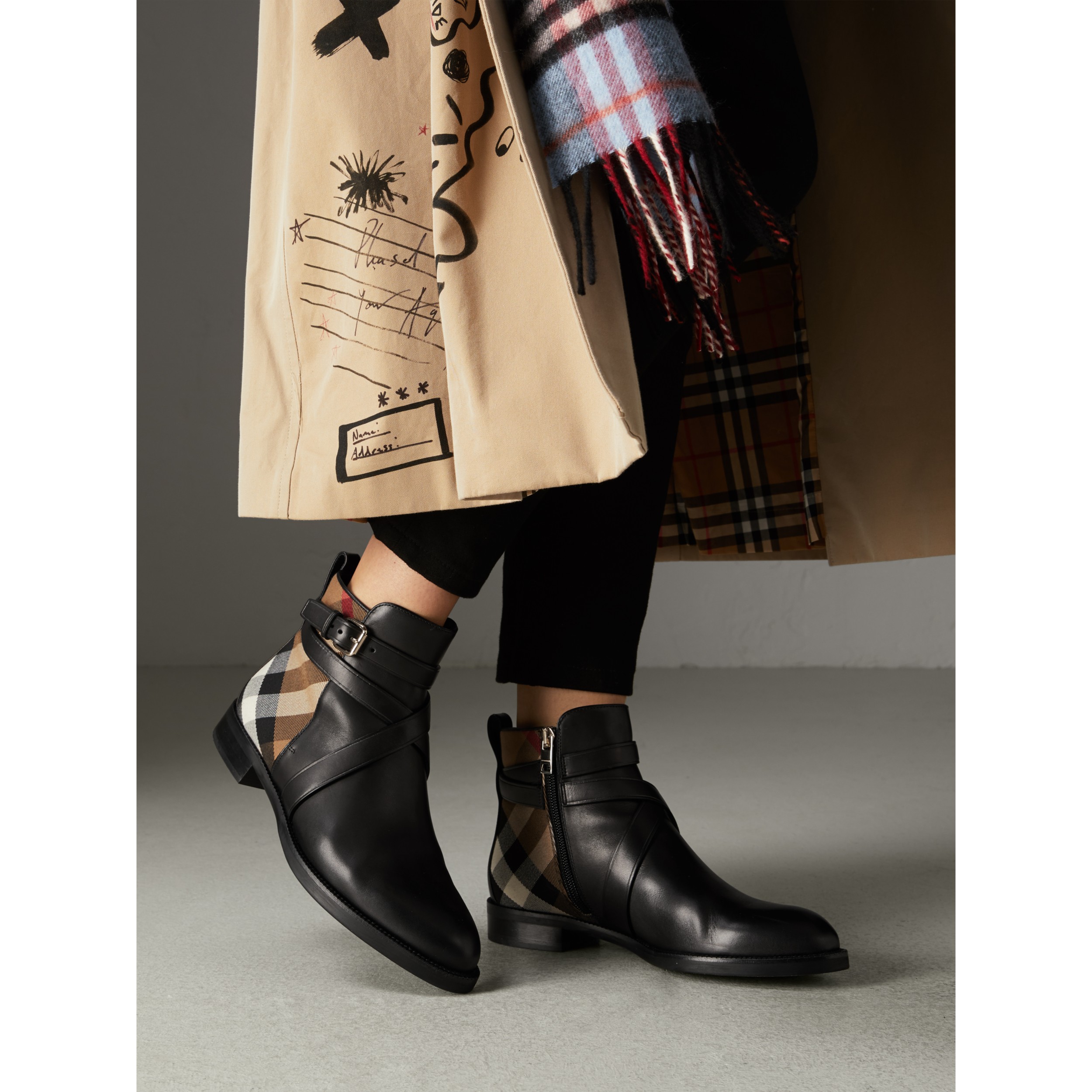 vintage check and leather ankle boots