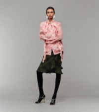 Model wearing Burberry Check Silk Scarf Shirt in Candy and Burberry Check Skirt in Oil pared with Ronda Sandals