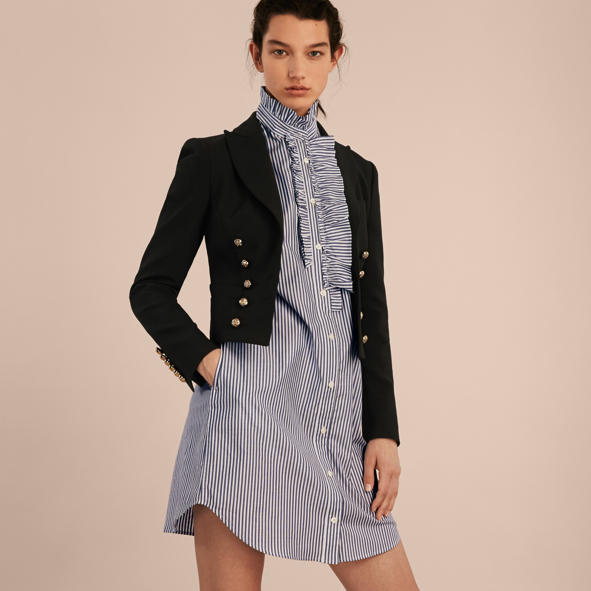 Cropped Stretch Technical Cotton Military Jacket in Black Women