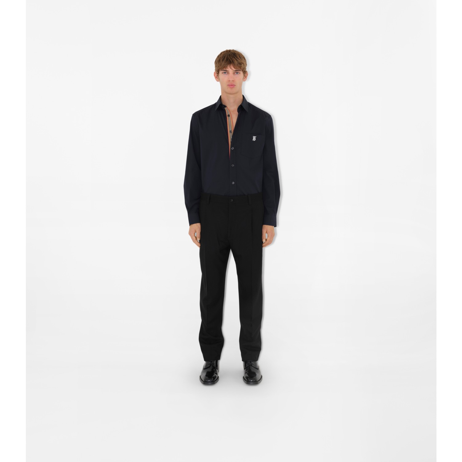 Navy Cotton Stretch Fitted Shirt With Concealed Placket