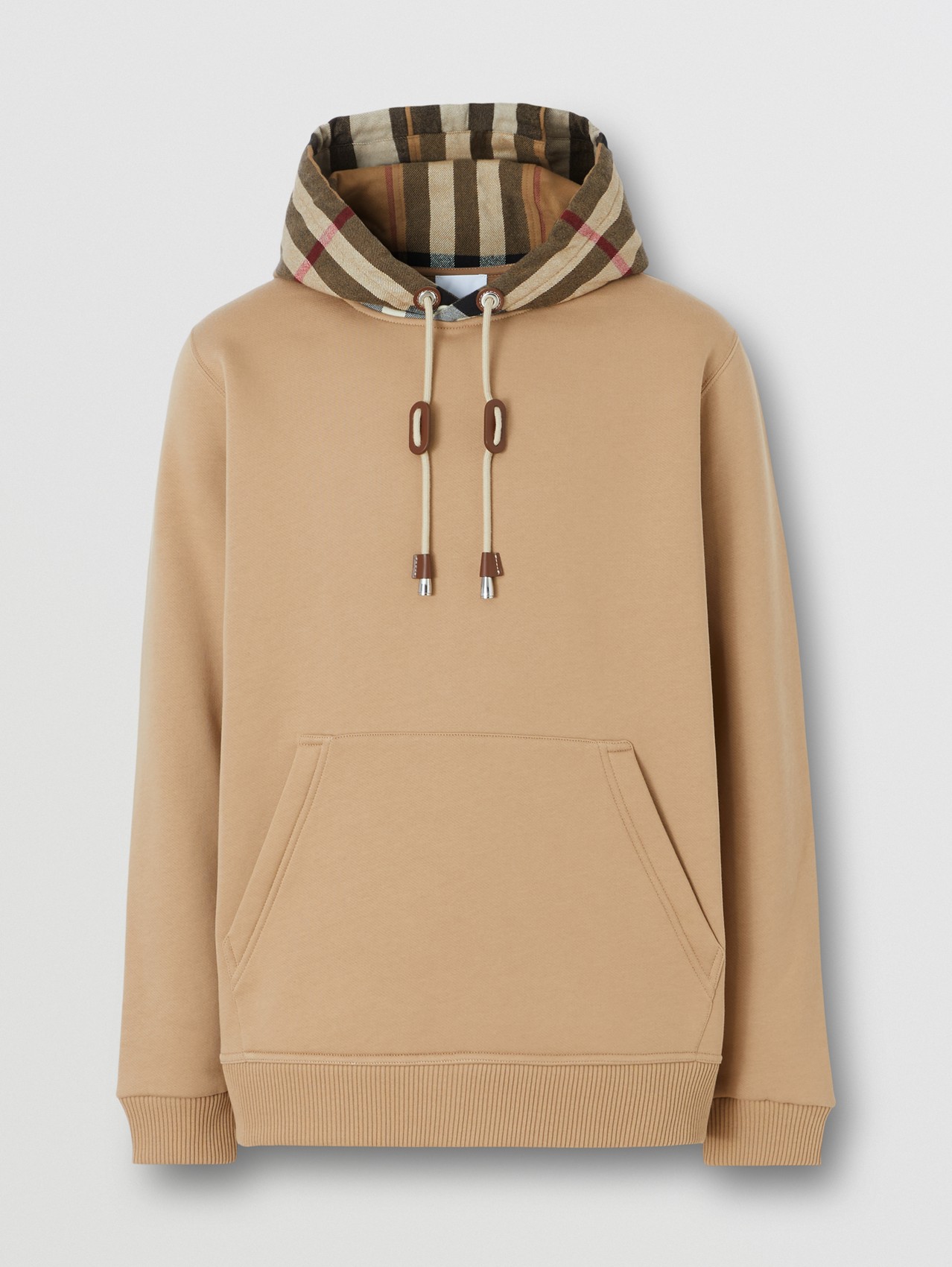 Check Hood Cotton Blend Hoodie in Camel