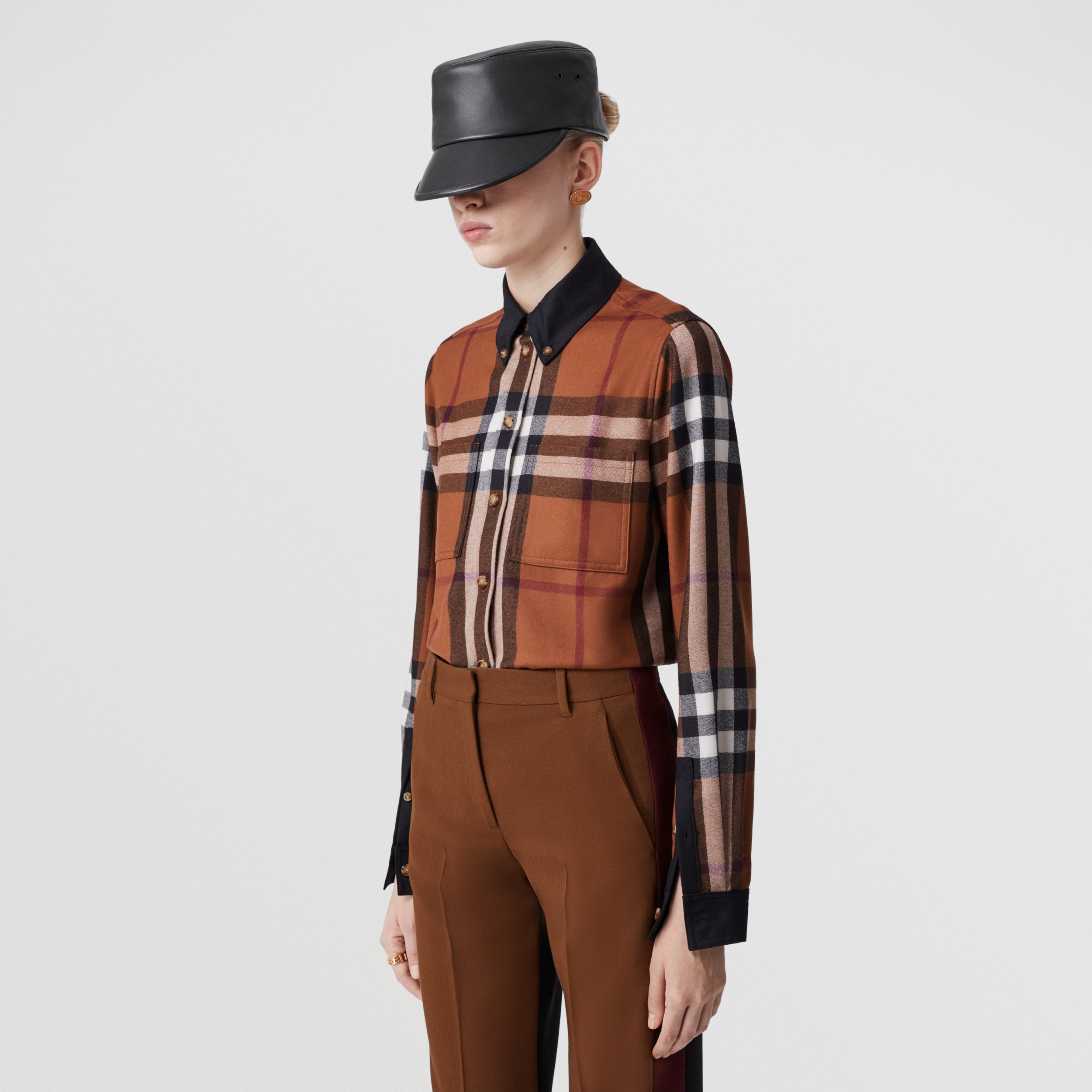 Contrast Trim Exaggerated Check Wool Shirt in Dark Birch Brown - Women |  Burberry® Official
