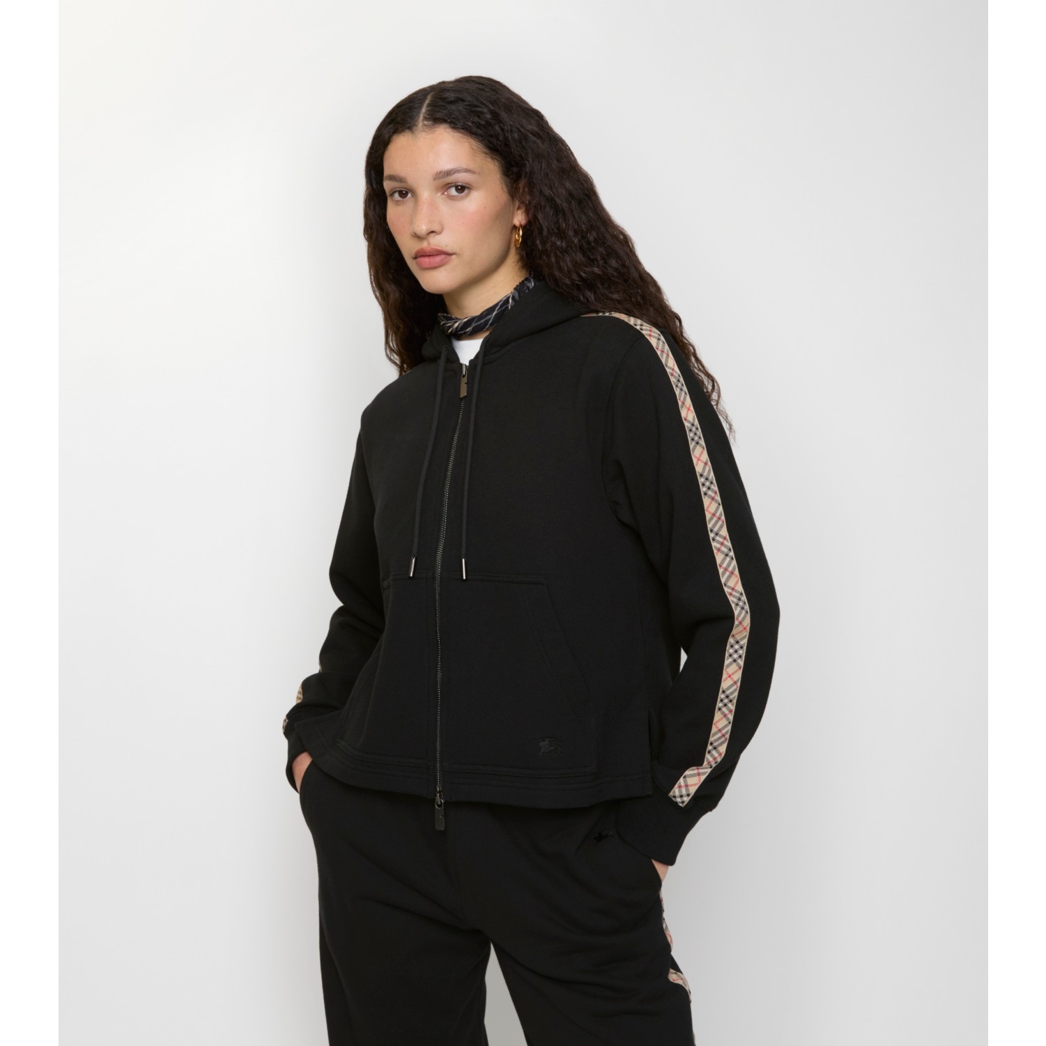 Check Trim Cotton Zip Hoodie