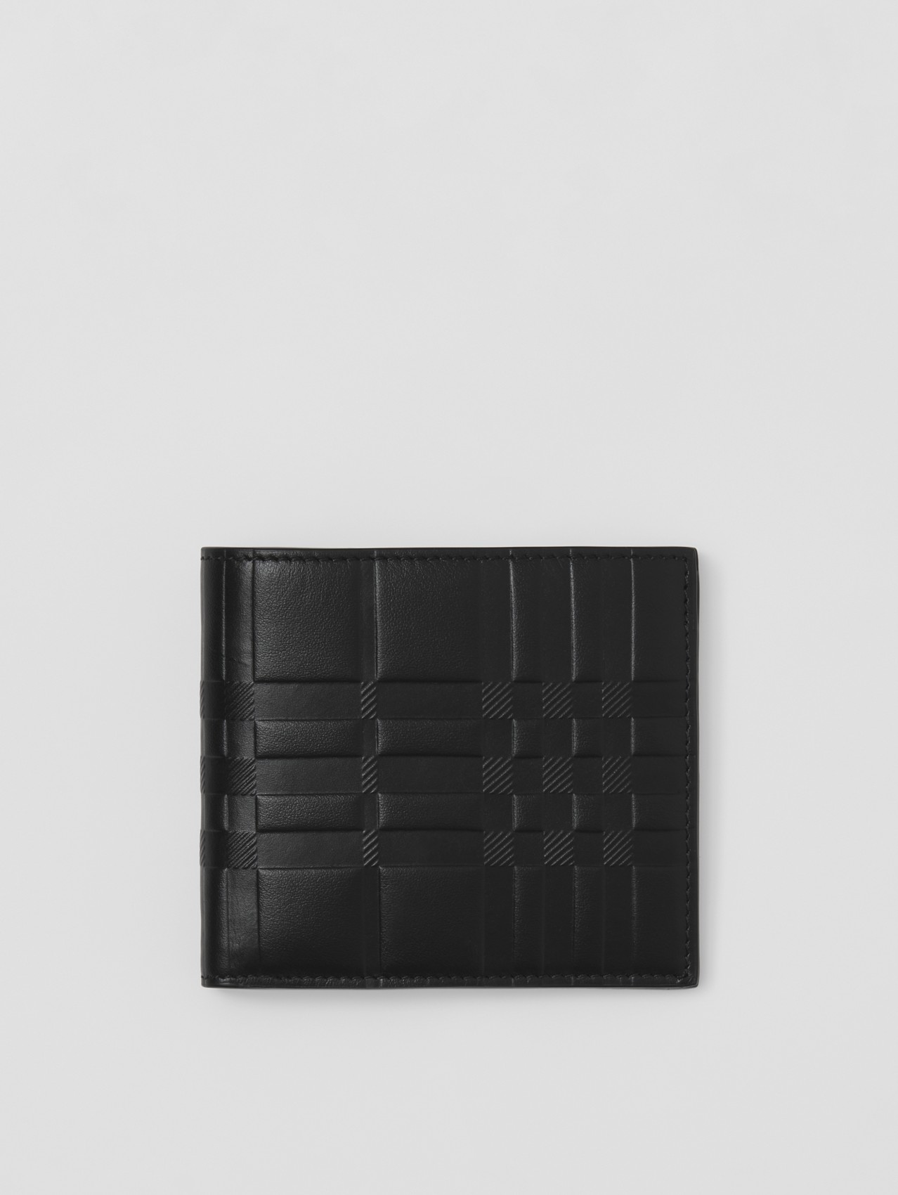 Embossed Check Leather International Bifold Wallet in Black