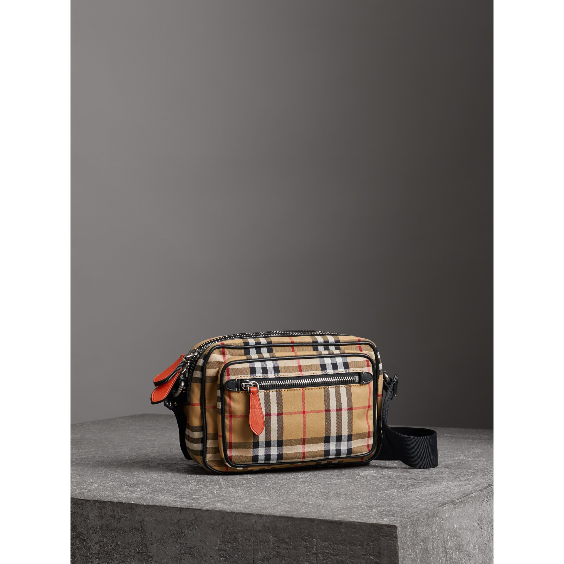 Vintage Check and Leather Crossbody Bag in Clementine - Men | Burberry United Kingdom