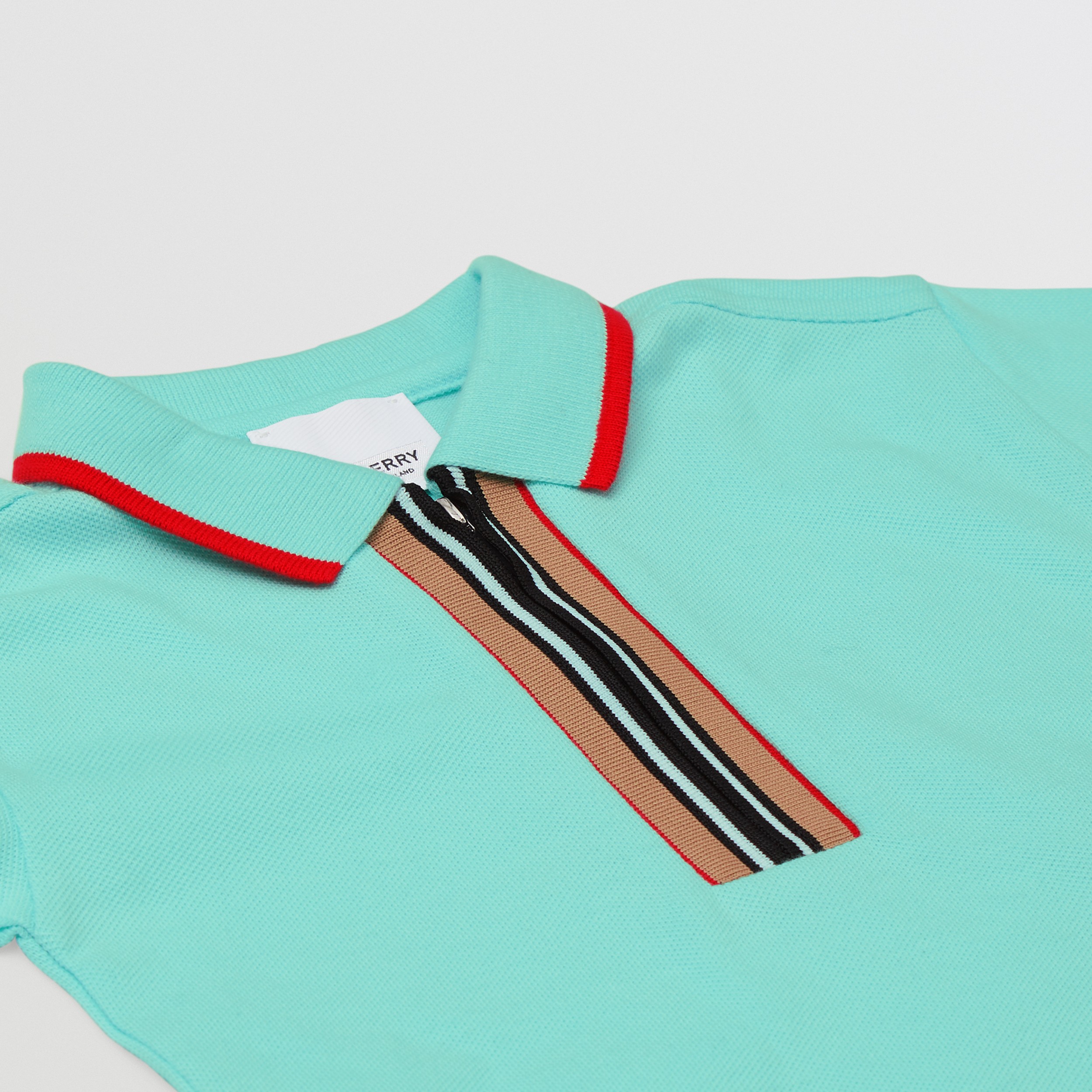Icon Stripe Detail Cotton Zip-front Polo Shirt in Light Aqua Blue - Children | Burberry® Official - 2