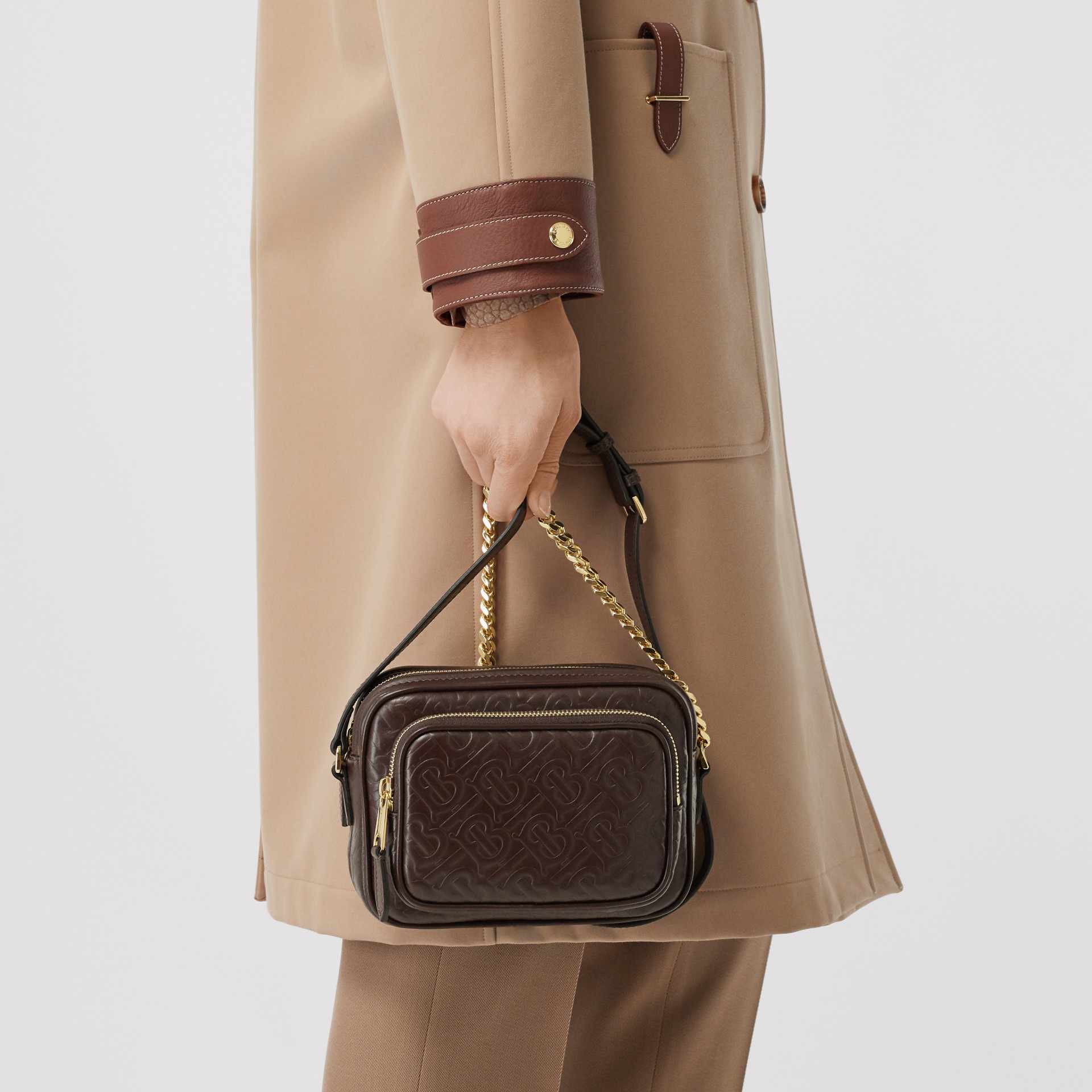 Monogram Leather Camera Bag in Dark Burgundy Women Burberry United States