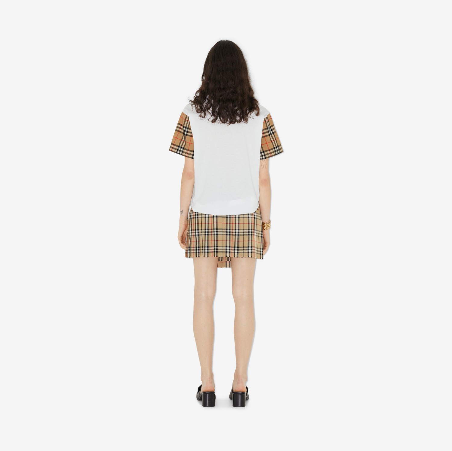 체크 슬리브 코튼 티셔츠 (화이트) - 여성 | Burberry®