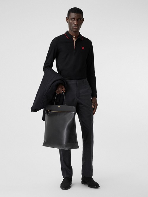 Burberry Long-sleeve Monogram Motif Cotton Piqué Polo Shirt In 黑色