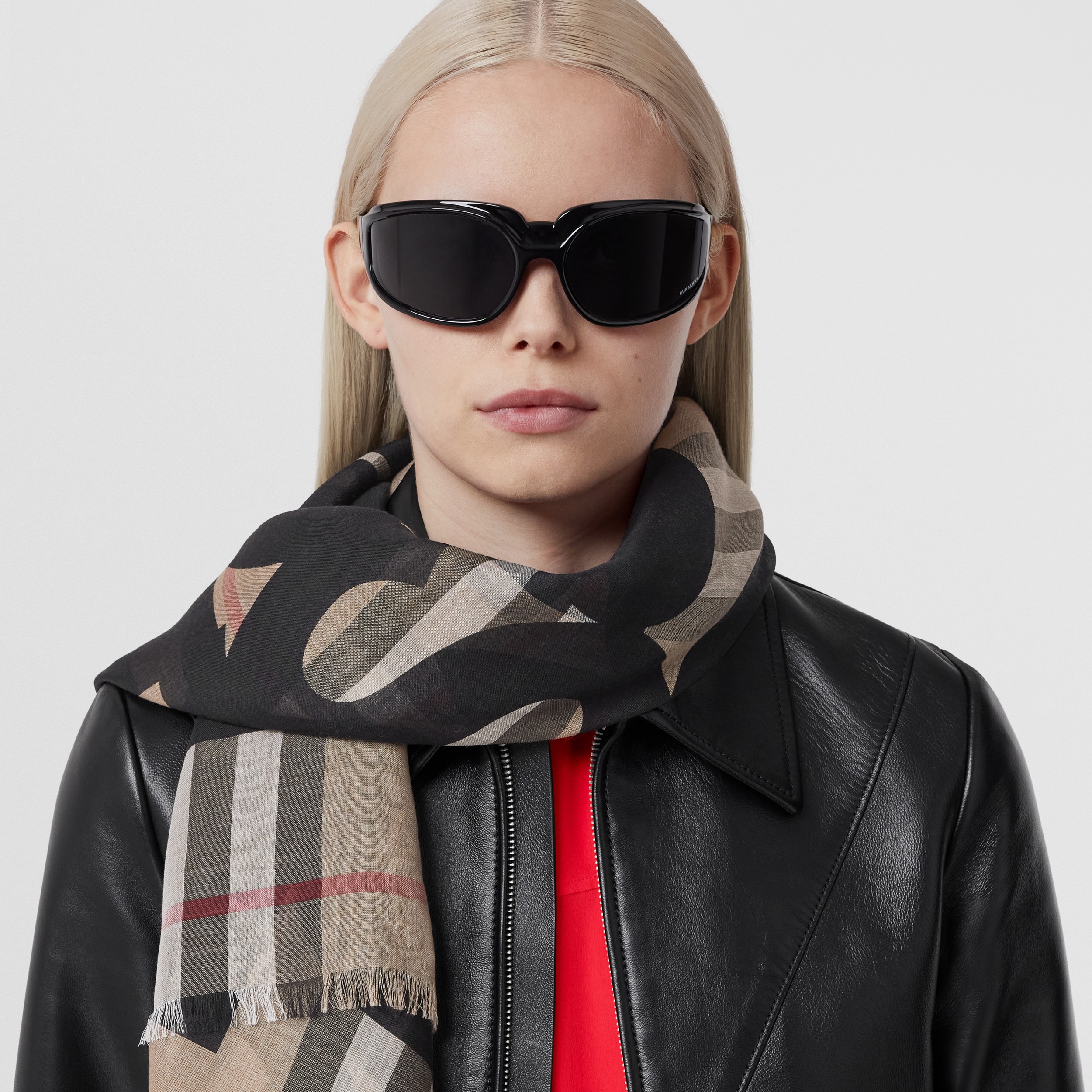 Slogan Print Check Wool Silk Large Square Scarf in Archive Beige | Burberry® Official - 3
