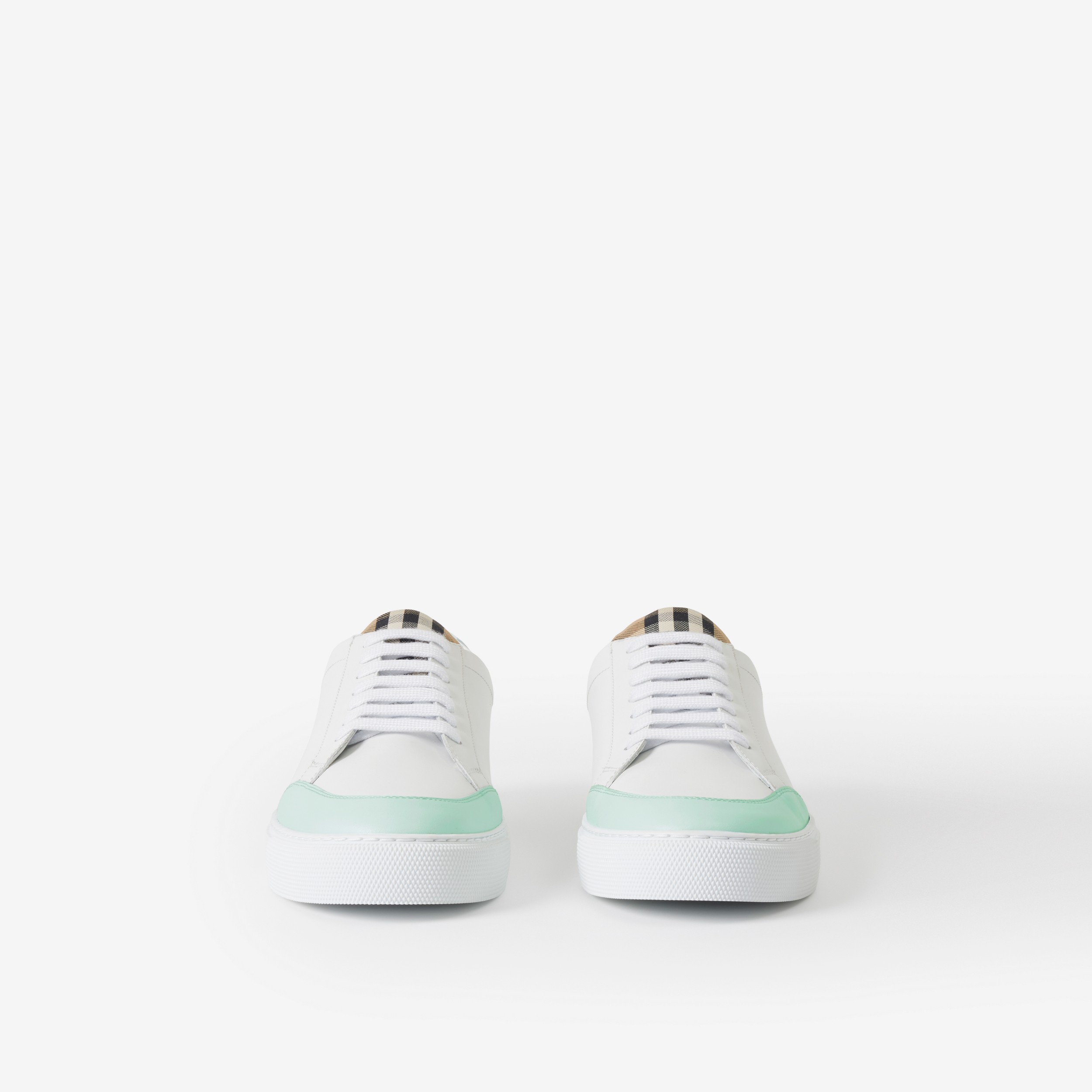 Leather and Check Cotton Sneakers in Optic White/cool Mint - Women | Burberry® Official - 2