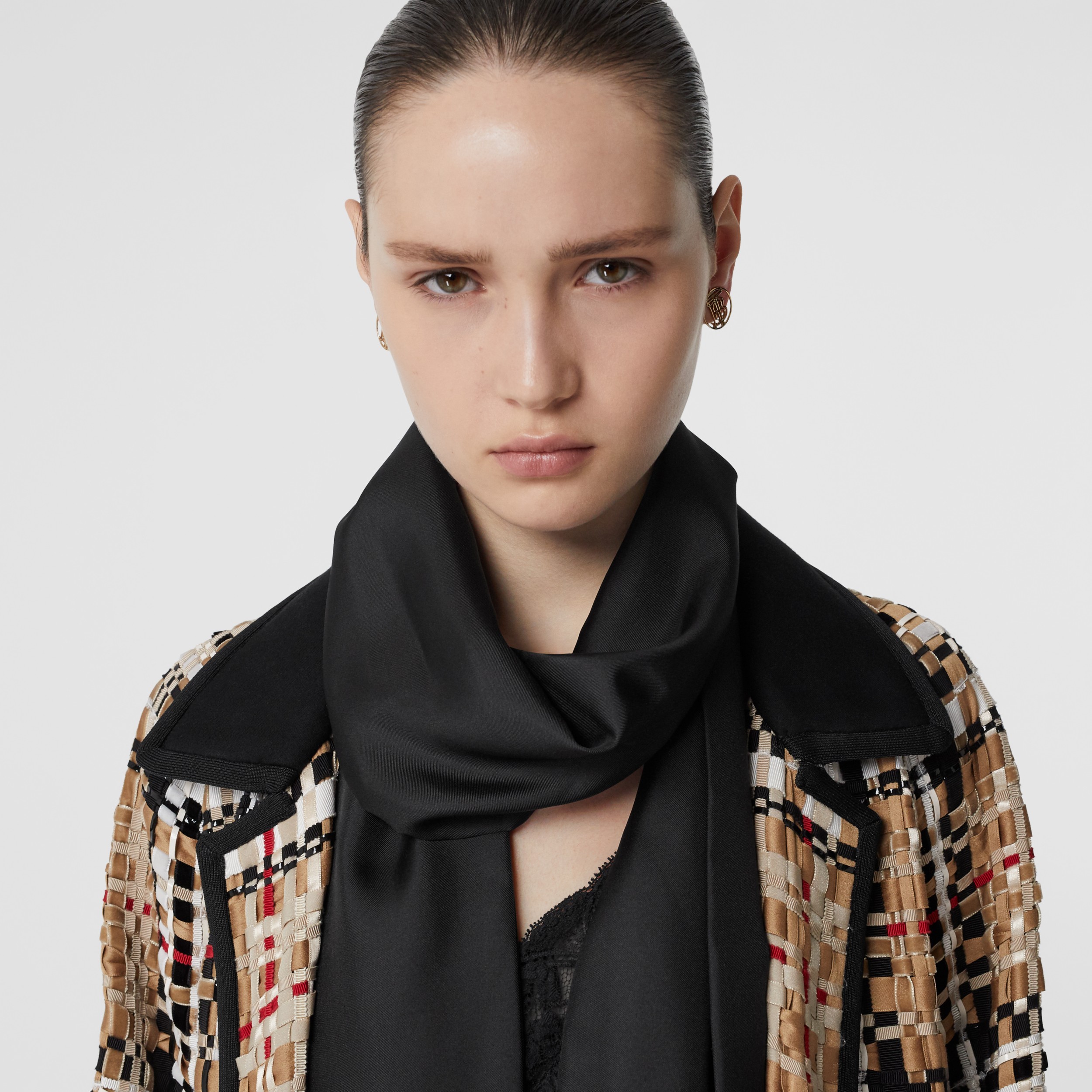 Fringed Silk Skinny Scarf in Black Burberry United States