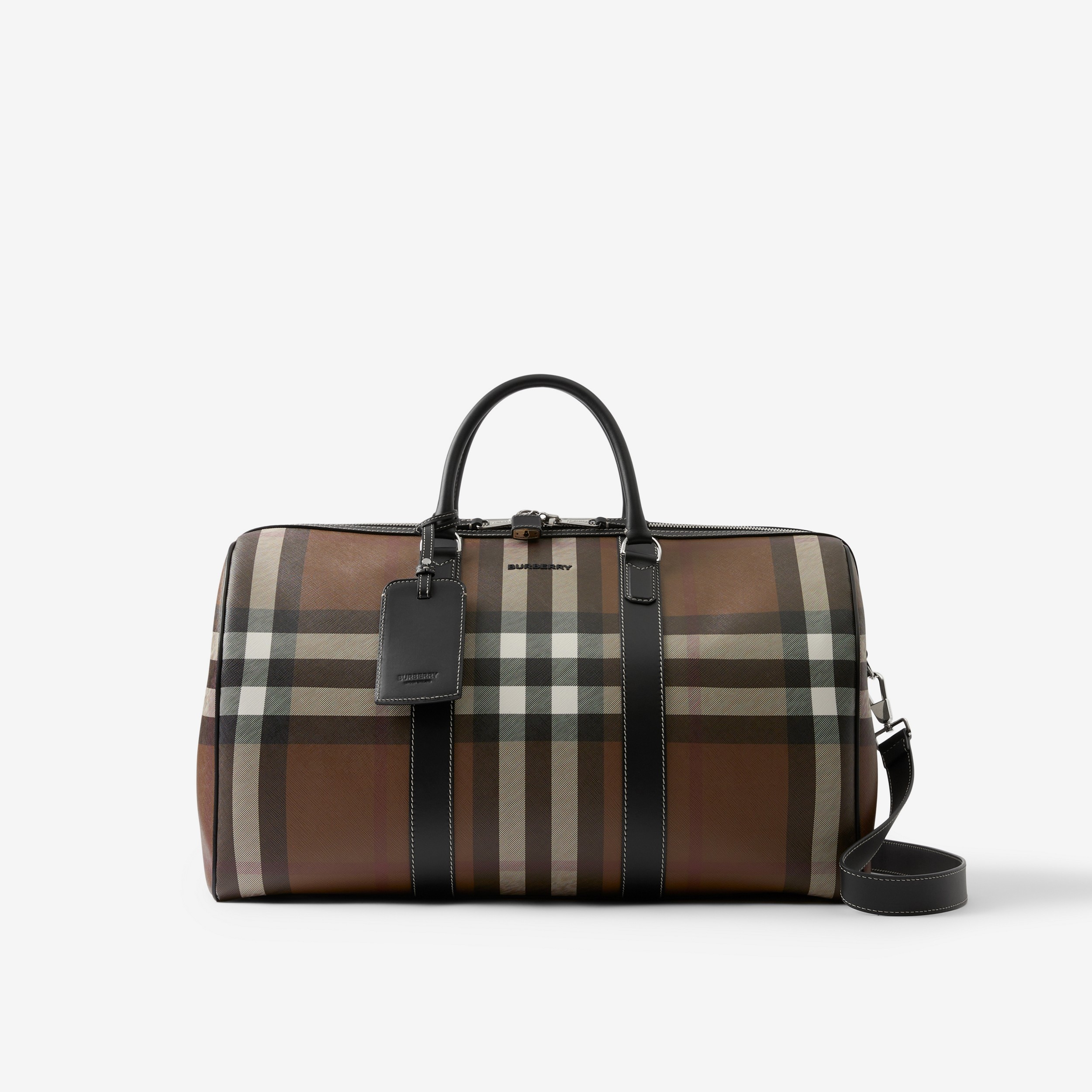 Exaggerated Check and Leather Holdall in Dark Birch Brown - Men | Burberry® Official - 1