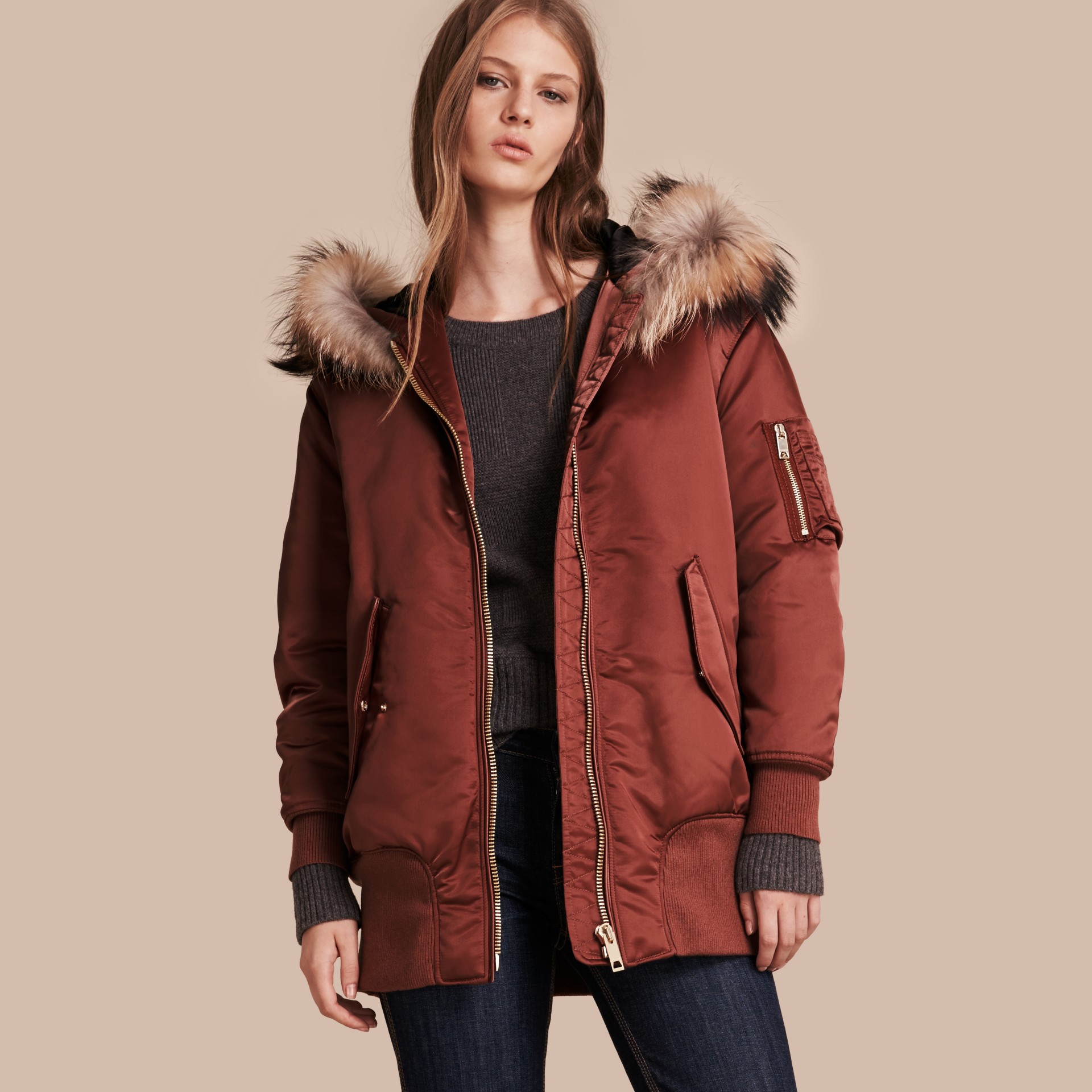 Longline Satin Bomber Jacket with Furtrimmed Hood Antique Rose Burberry