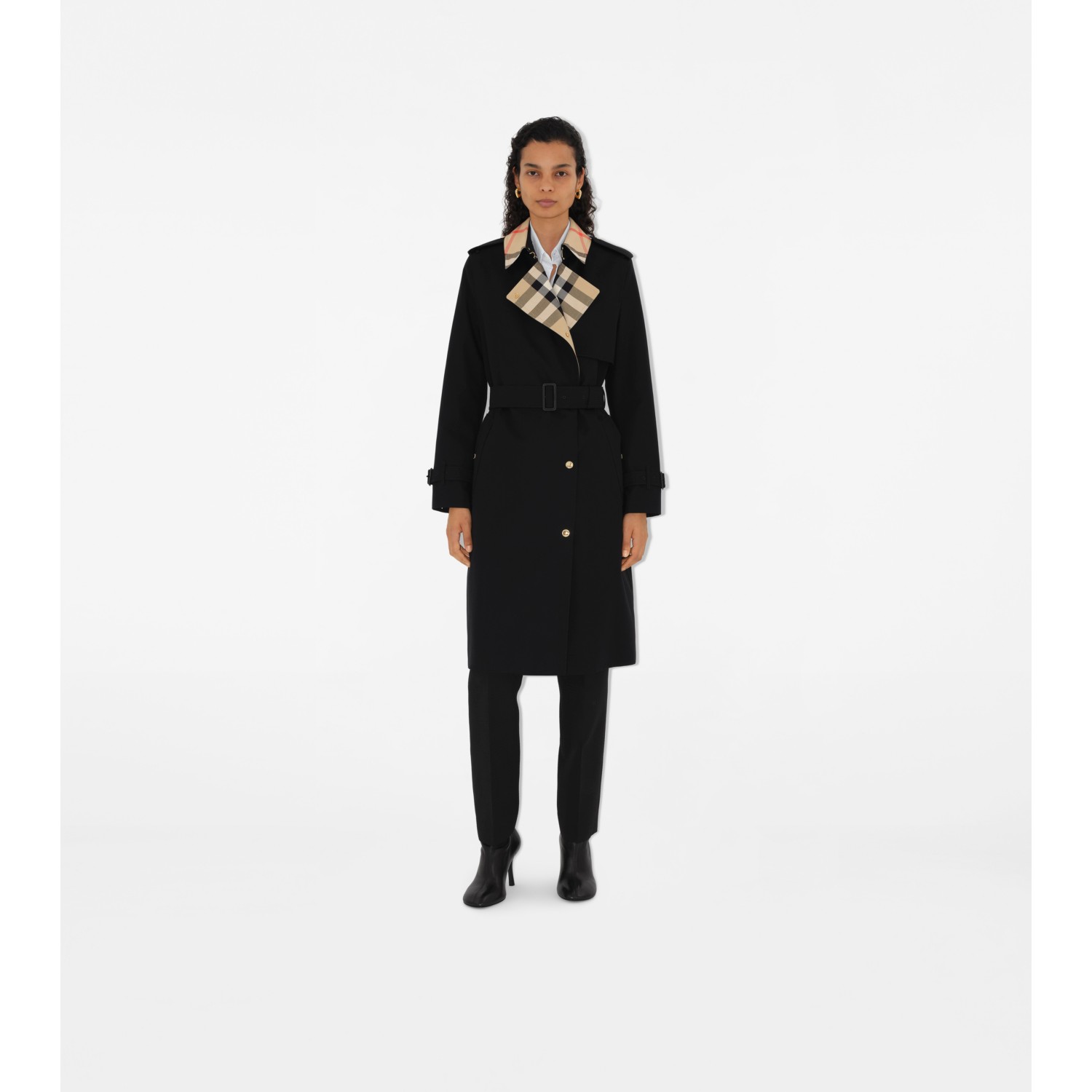 Long Check Collar Gabardine Trench Coat - thumbnail 7