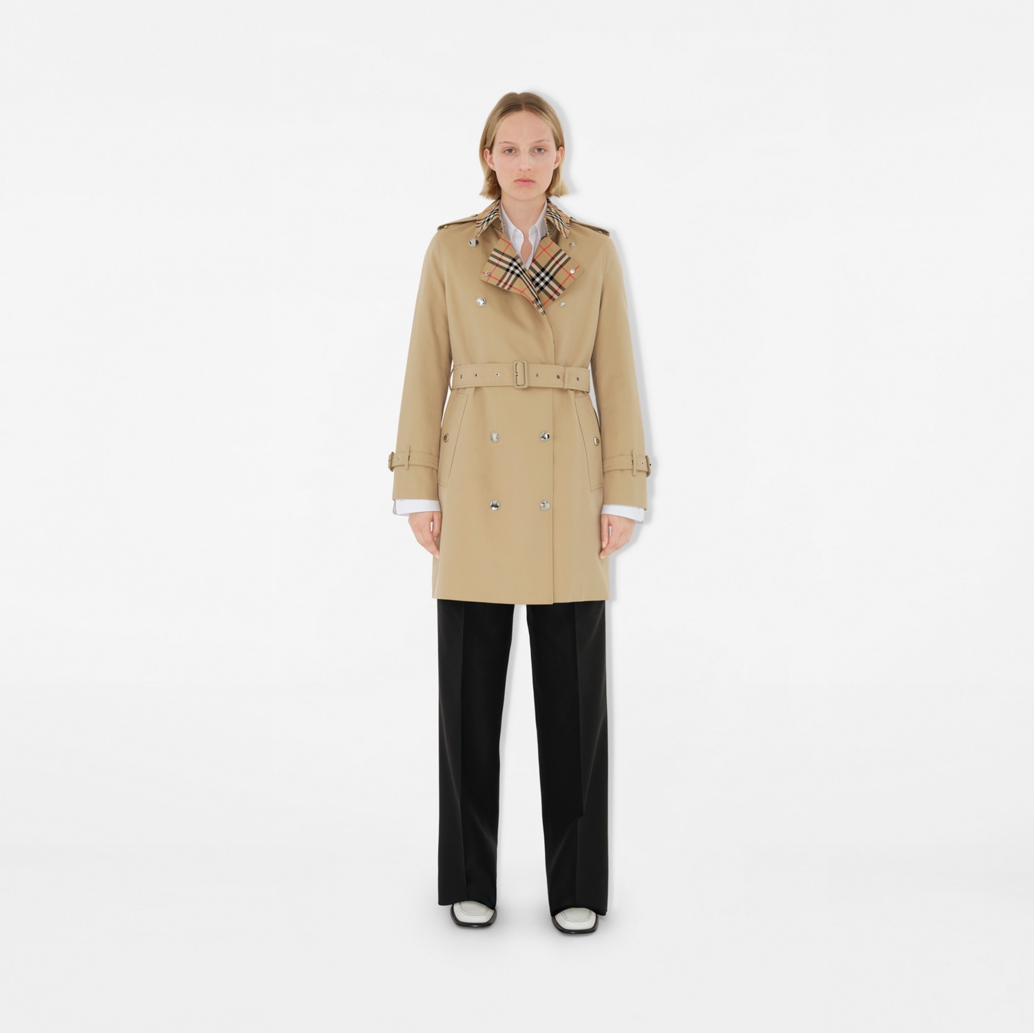 Short Check Collar Gabardine Trench Coat