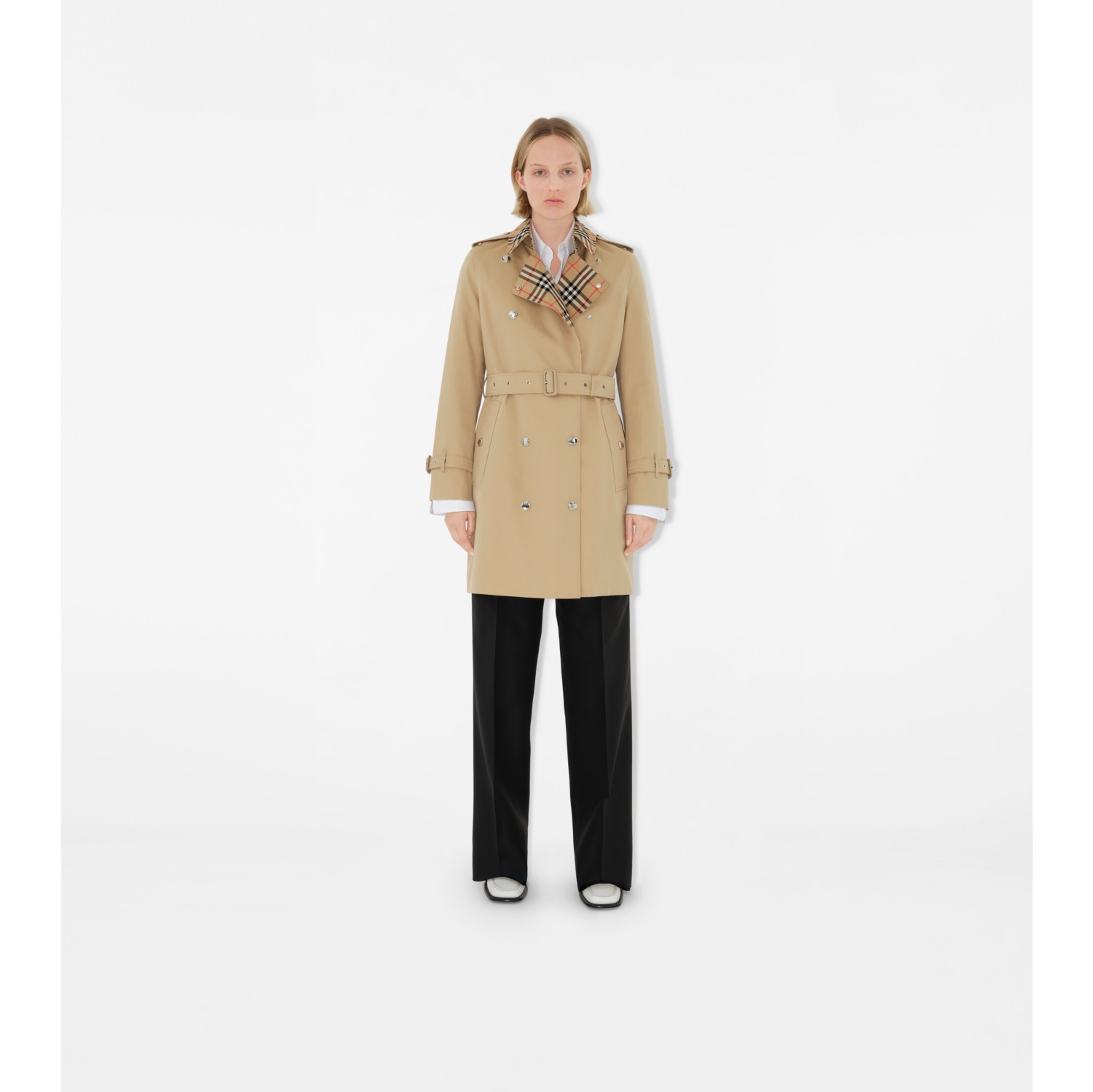 Short Check Collar Gabardine Trench Coat in Honey - Women, Cotton 