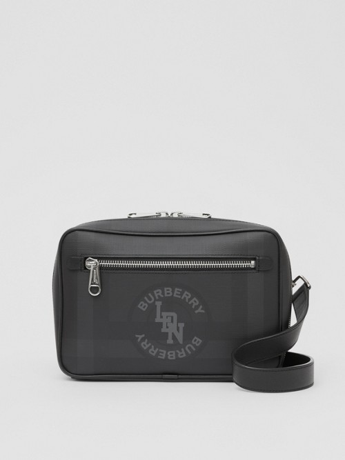 Burberry Logo Graphic London Check Crossbody Bag In Dark Charcoal