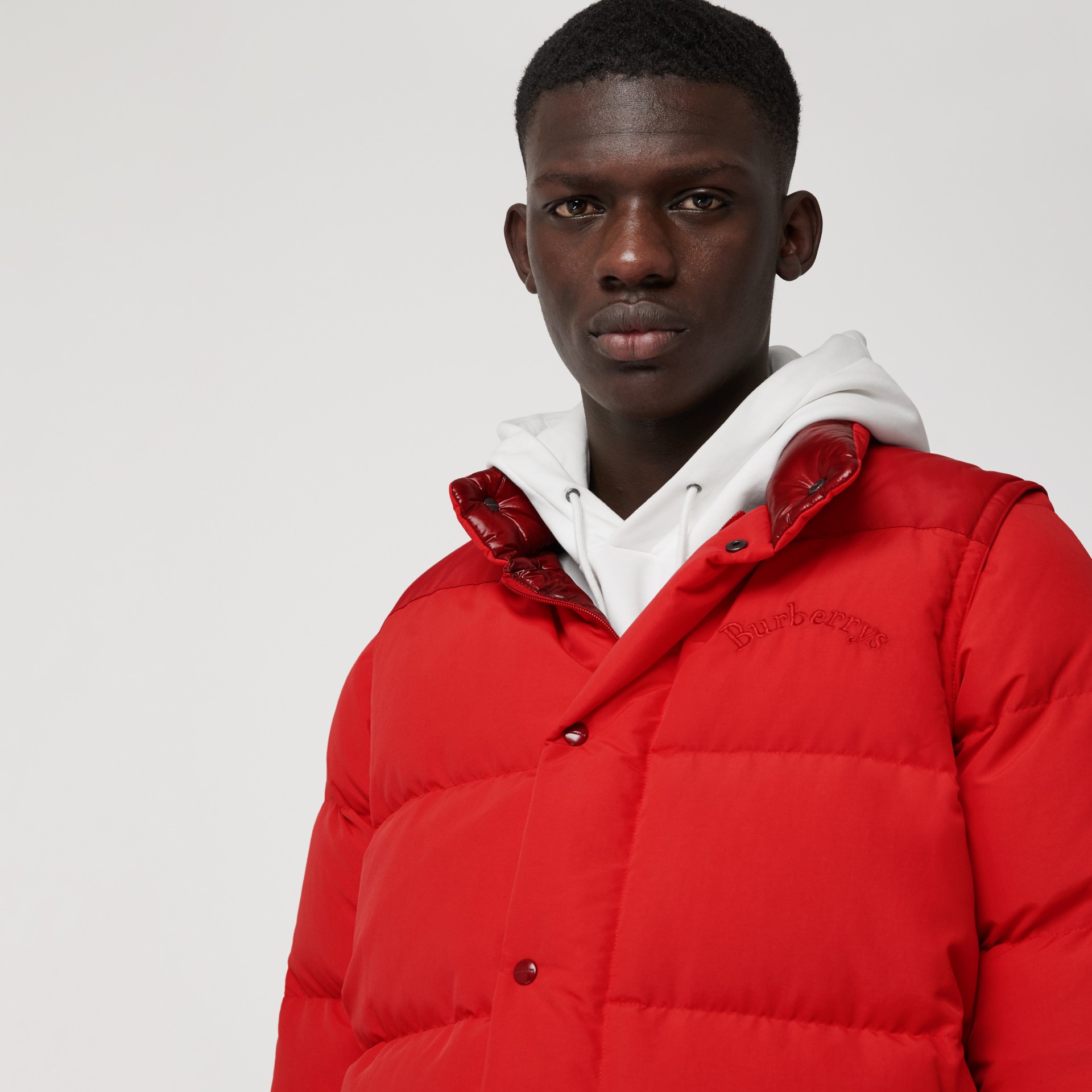 bright red puffer jacket
